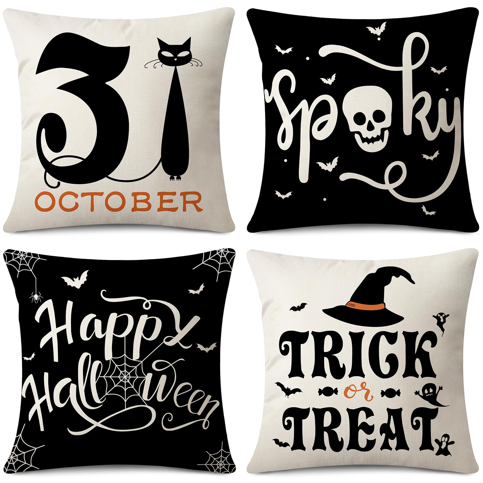 Gujiahone Halloween Pillow Covers 18 x 18 Set of 4 -Linen Print Thanksgiving Sofa Pillow Cover -Happy Halloween Cushion Case for Holiday Party Living Room Bedroom Home Fall Decorative