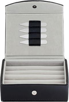 Cuff-Daddy Mens Leather Travel Cufflinks Ring Storage Box Case Includes 2 Sets Metal Collar Stays - Holds 9 To 12 Pairs - 5.75 x 4.75 x 1.75 inches Holder Organizer