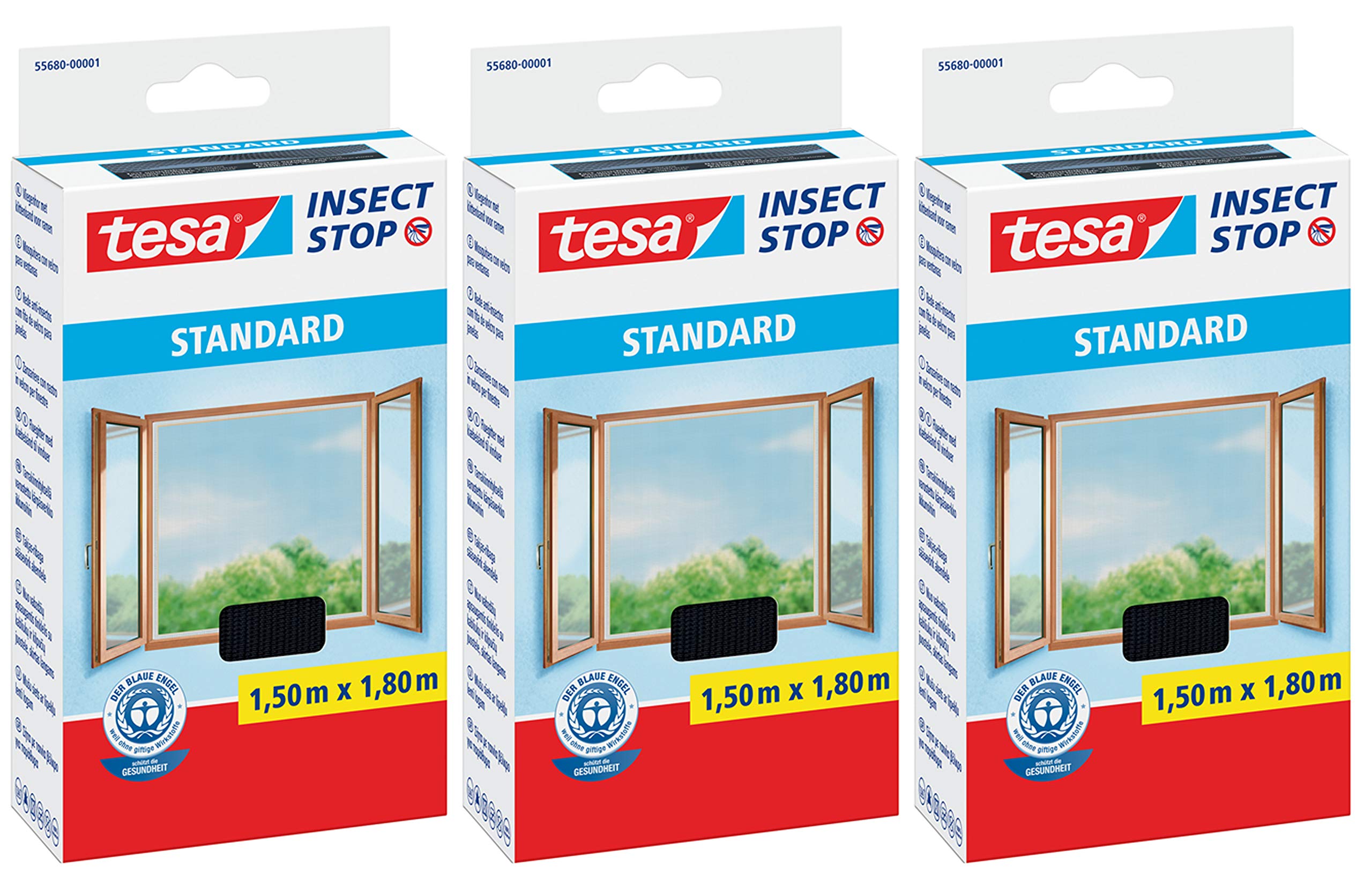 tesa Insect Stop Standard Fliegengitter für Fenster - Insektenschutz zuschneidbar - Mückenschutz ohne Bohren - 3 x Fliegen Netz - 150 cm x 180 cm - Anthrazit