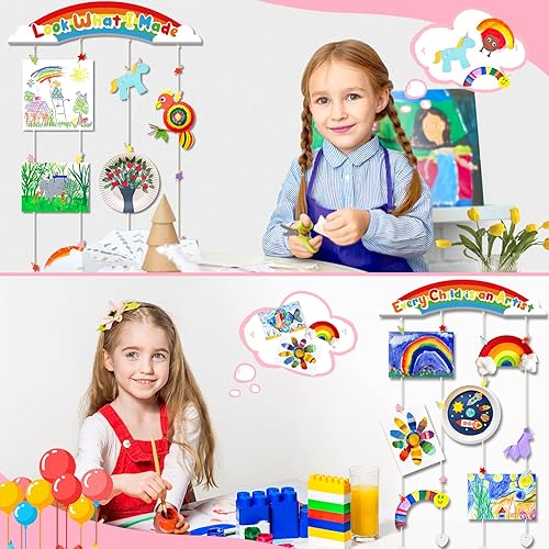 Miniatura 2 de Garybank Exhibidor de arte adhesivo para niños para pared exhibición de obras de arte para niños dibujos y manualidades letrero de madera con 32