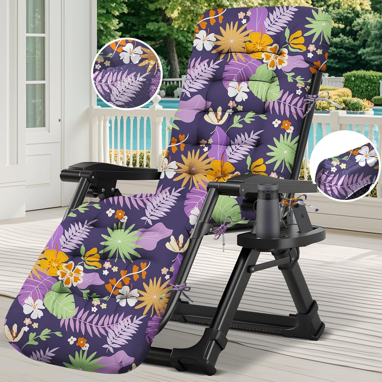 Outdoor Chaise Lounge Chair Cushion Waterproof 66 x 21 x 4 Inches Cotton Zero Gravity Chair Cushions with Ties, Soft Thickened Lounge Chair Cushions for Indoor Outdoor Furniture (Purple Flower Leaf)