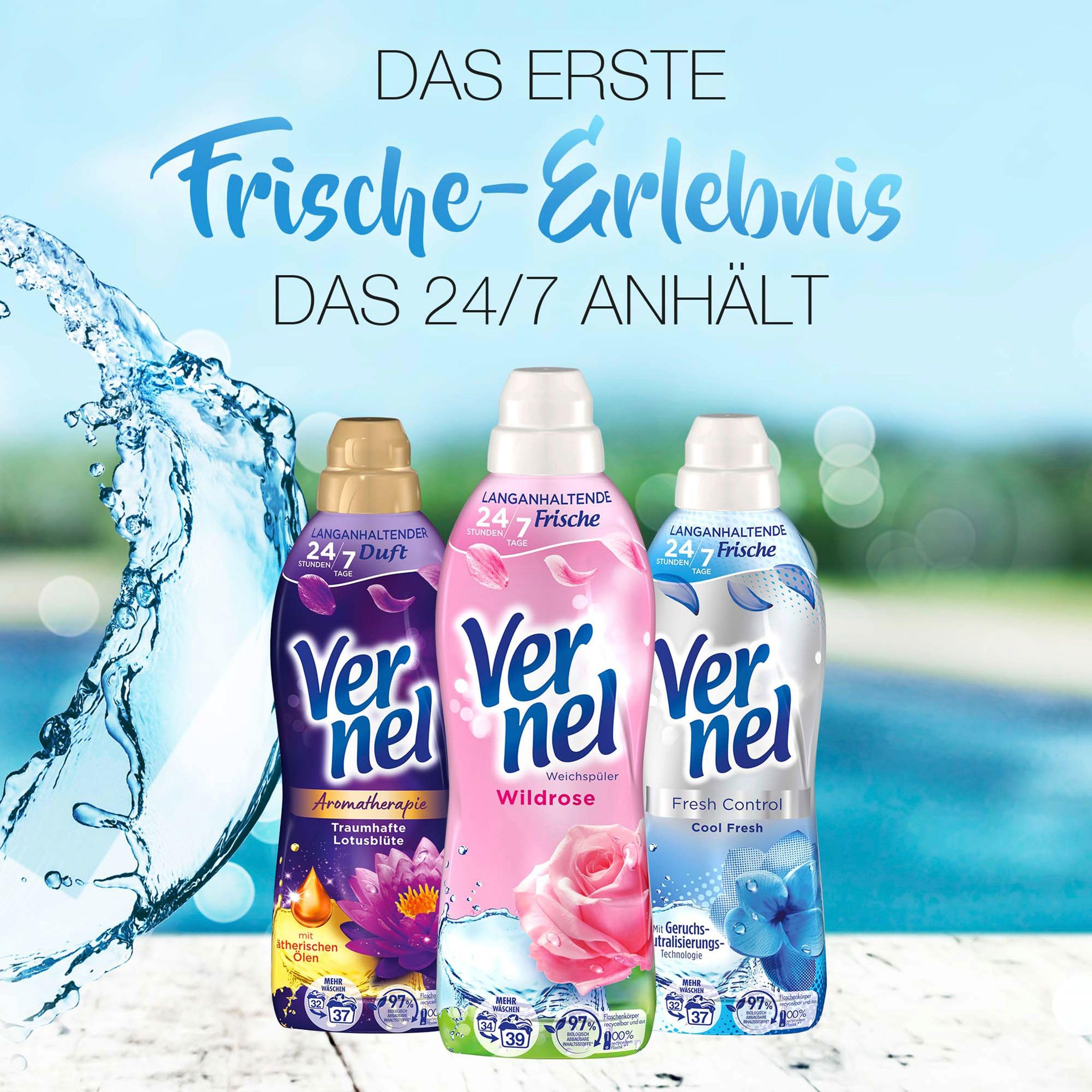 Vernel Wildrose Weichspüler (6x34 Waschladungen), Wäscheduft für 24 Stunden & 7 Tage langanhaltende Frische mit einzigartiger Duft-Technologie, recycelbare Flasche