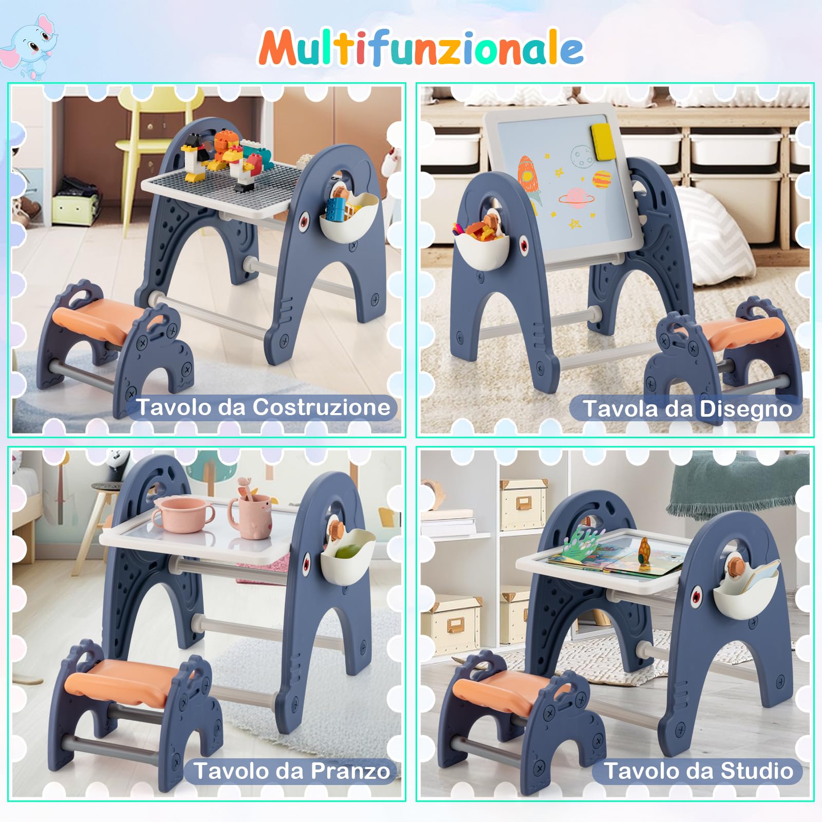 RELAX4LIFE Set di Cavalletto per Bambini con Sgabello, a Doppia Faccia con Lavagna Magnetica, Tavolo da Costruzione, Set Cavalletto per Bambini con Sgabello e Scatole Laterali