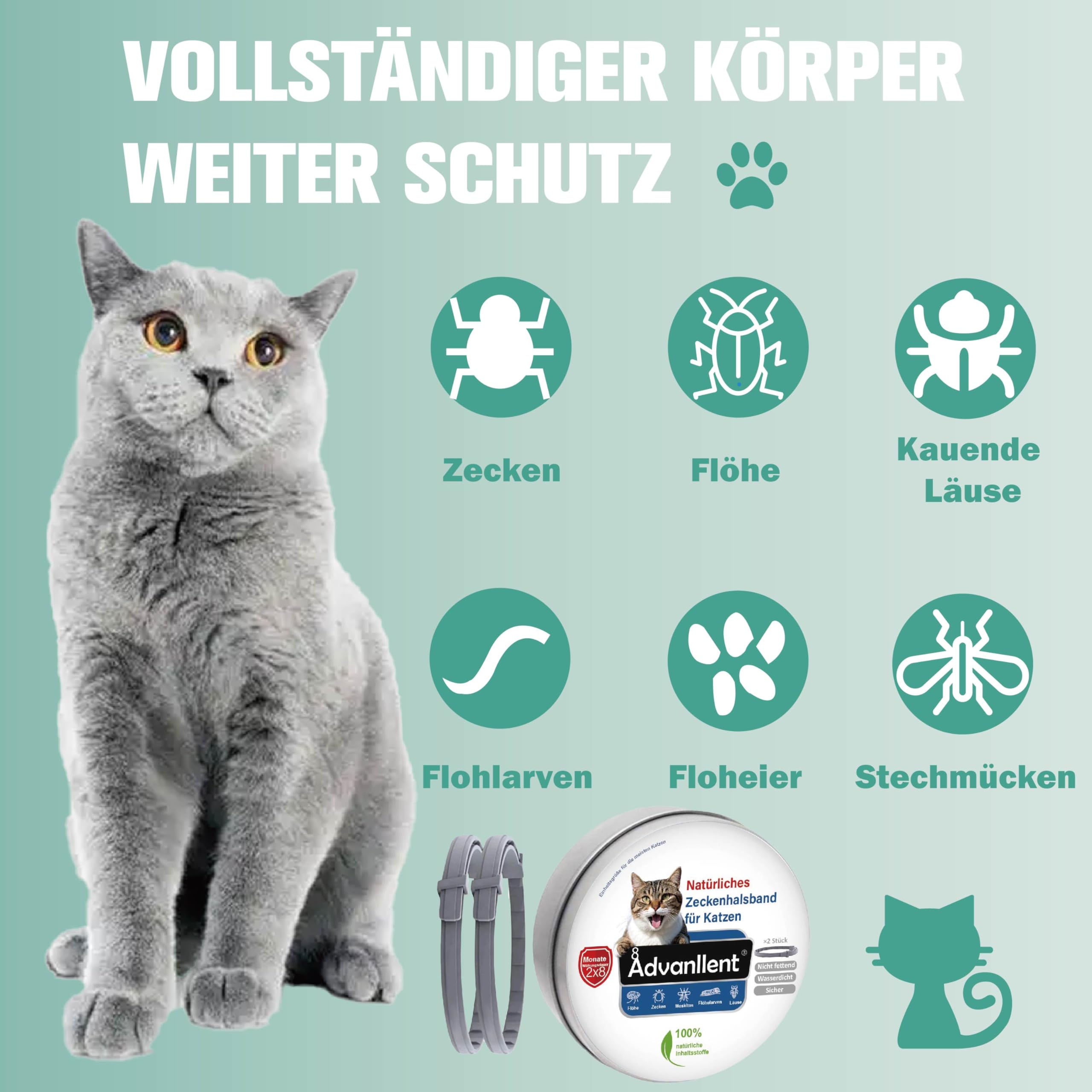 Zeckenhalsband für Katzen, Natürliches Flohhalsband für Katzen ab 12 Wochen, Zeckenschutz Flohschutz Halsband wasserdich