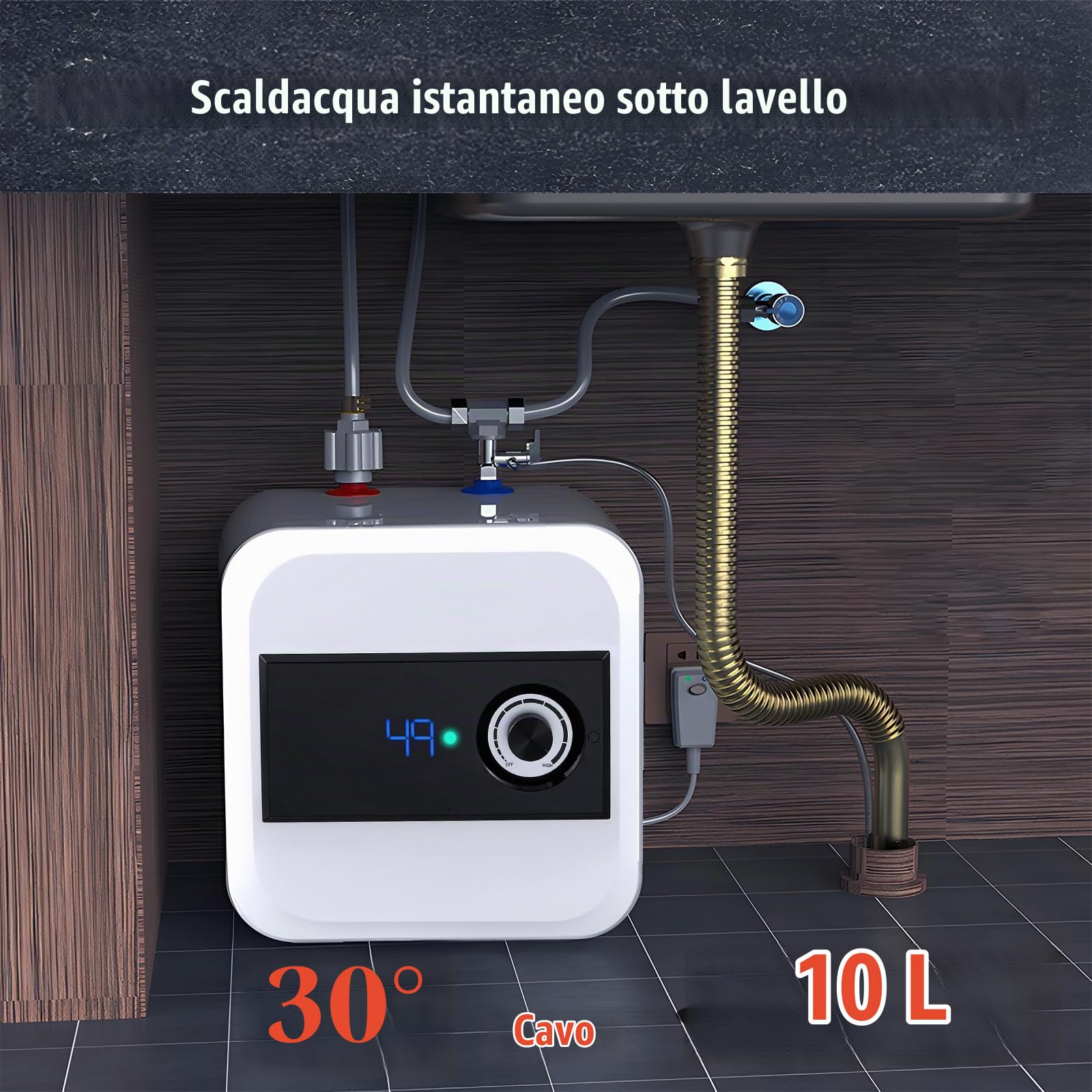 Moongiantgo 10L Scaldabagno da Sottolavello, Mini-Tank da Parete/Pavimento | Con Display Digitale Raccordi Ottone, Serbatoio Acqua Calda Istantanea 30°c-65°c, Ipx4 Sicuro, per Cucina Bagno Camper