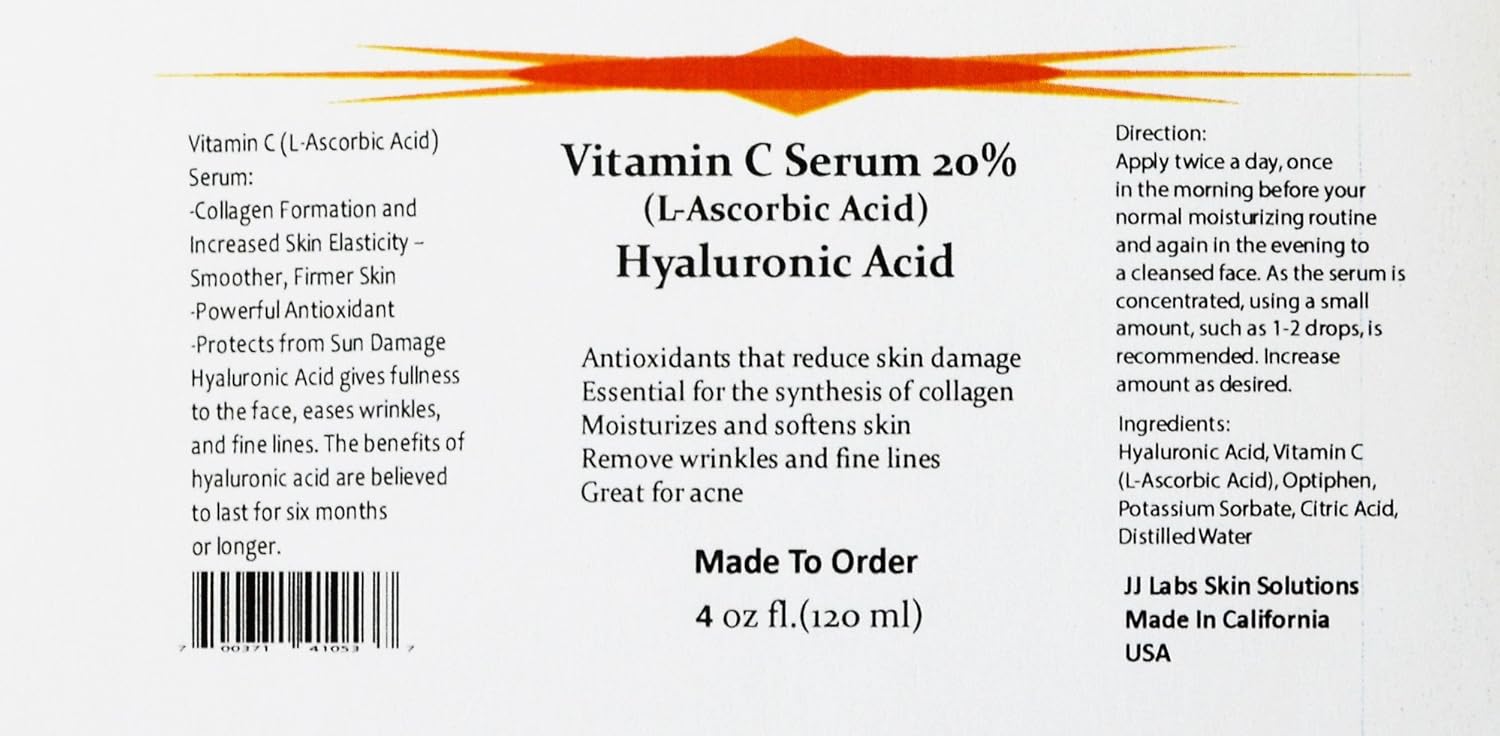 Vitamin C Skin Serum 20% (L-Ascorbic Acid) with Pure Hyaluronic Acid Anti Aging Serum (4oz)