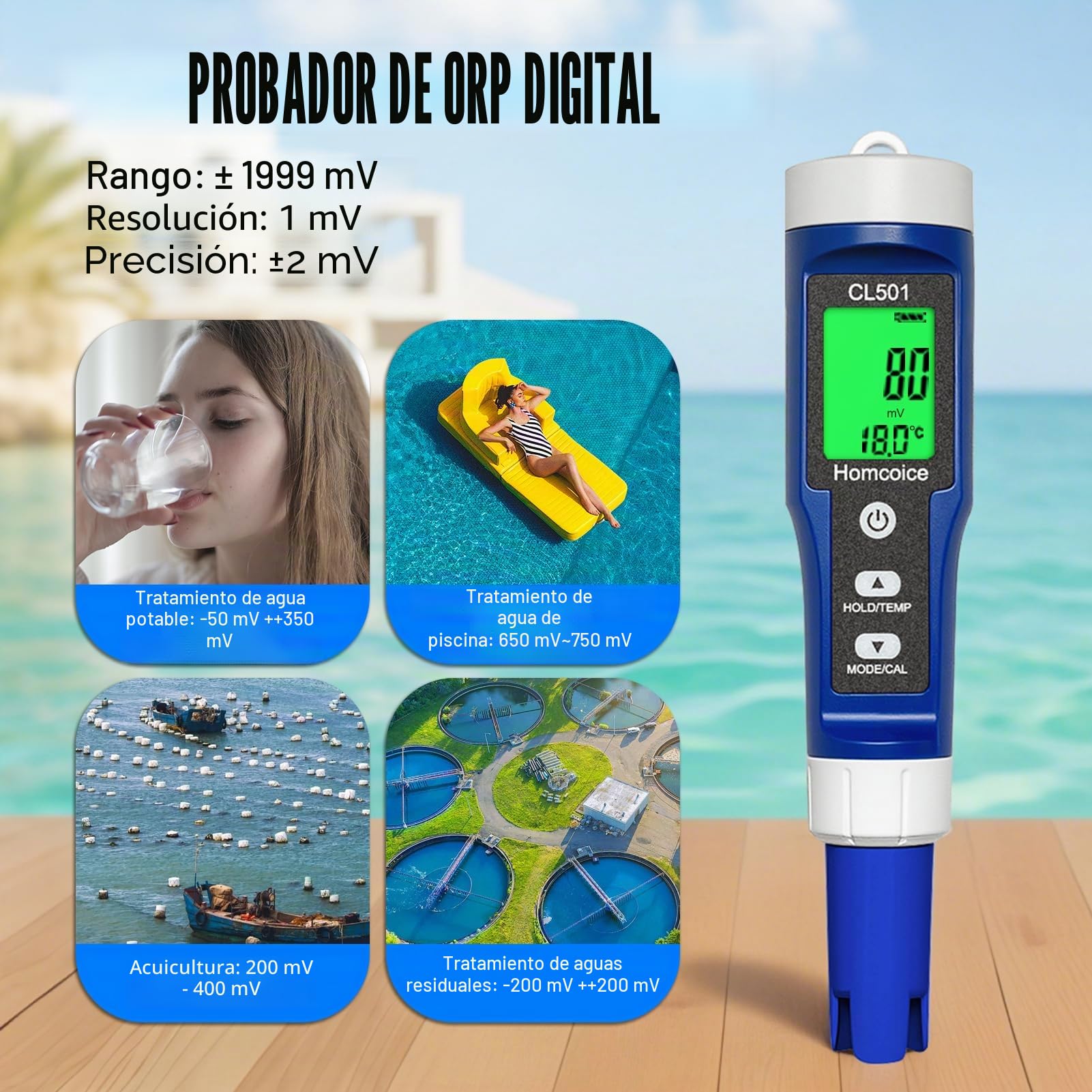 Medidor pH Cloro Piscinas 5 en 1, pH Cloro ORP H₂ Temperatura Meter medición prápida y precisa, Tester Calidad Agua para agua potable, spa, acuario, hidroponía