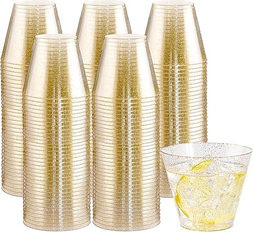Miniatura 1 de I00000 200 vasos de plástico dorados, vasos desechables de 9 onzas con purpurina dorada dura para cóctel y bebida, vasos de plástico desechables de