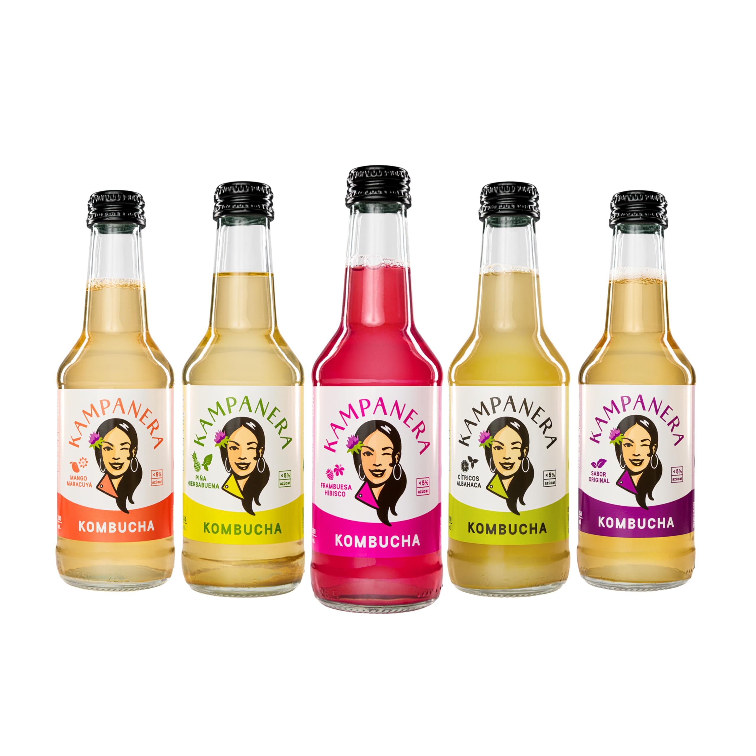 Kampanera - Pack Mix Kombucha 5 Estrellas -12 Botellas de 250 ml - Kombucha Natural - Bebida Fermentada - Té Verde y Negro - Sin Azúcar Añadida - Baja Carbonatación - Artesanal