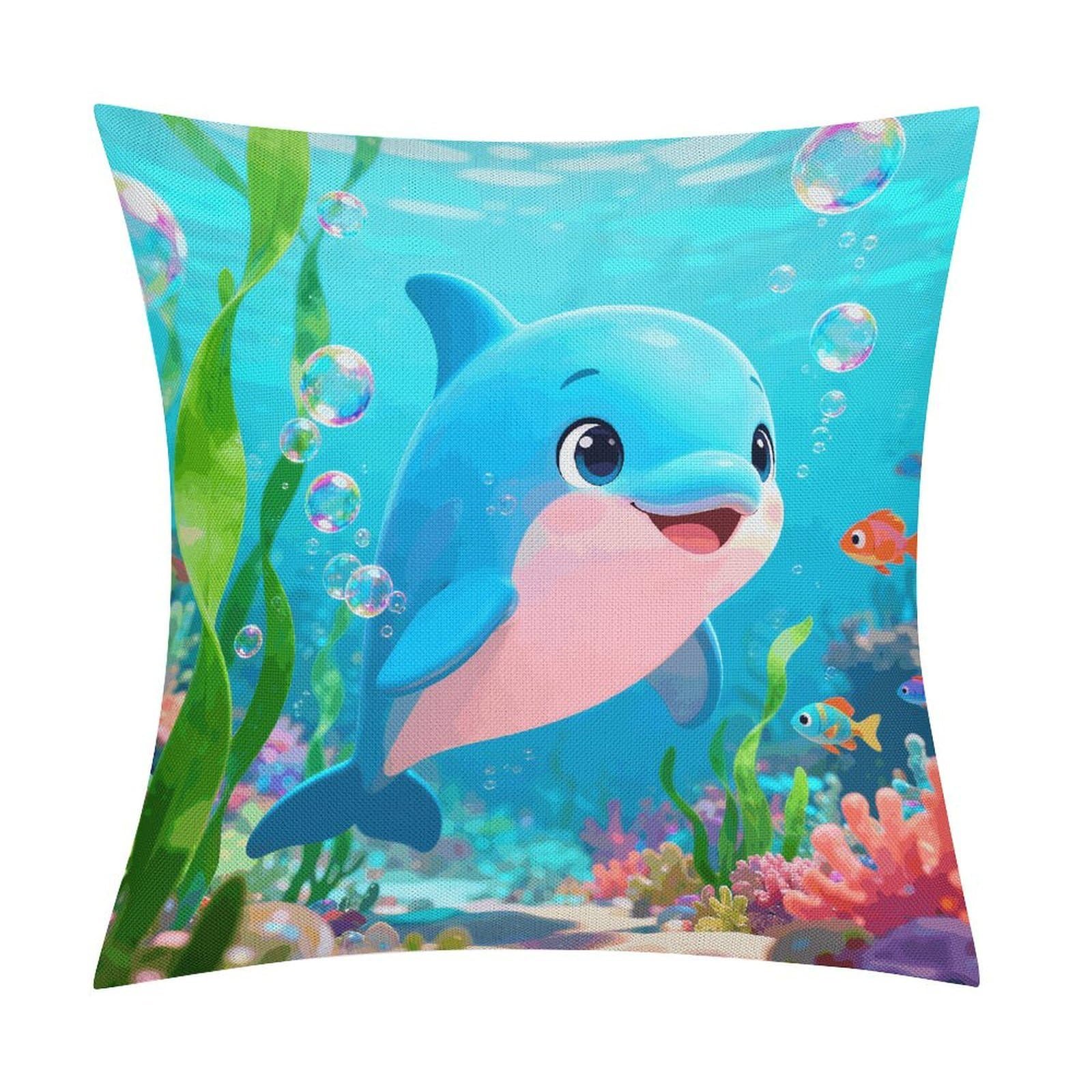 LZQPOEAS Dolphin Throw Pillow Covers, Waterproof Faux Linen Pillow Cases with Invisible Zipper, Decorative Square Cushion Covers for Sofa Couch Living Room Bedroom 18x18 Inch