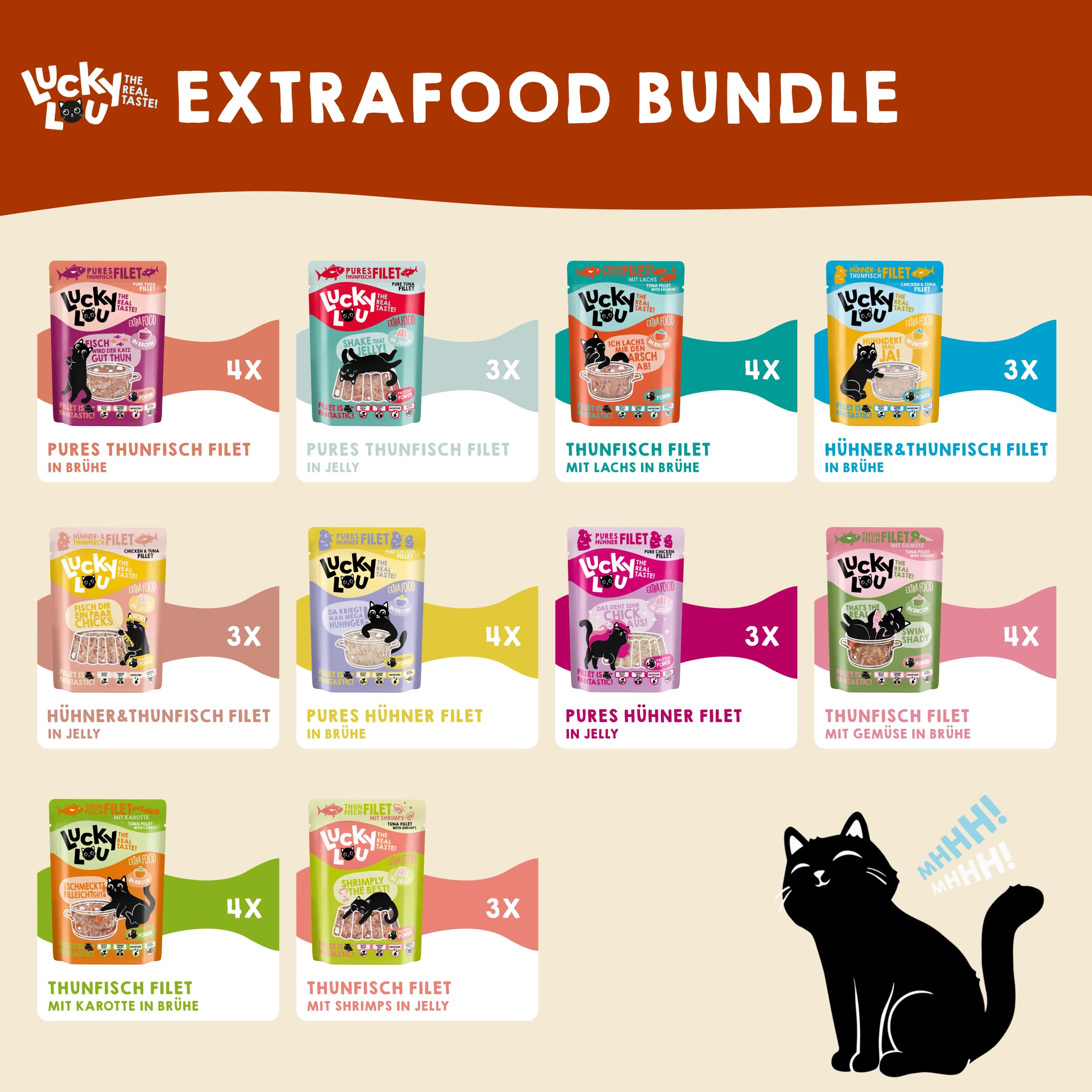 Lucky Lou Extrafood - Confezione da 36 x 70 g, cibo per gatti bagnato, di alta qualità con molte proteine, cibo umido senza cereali e senza zucchero, per gatti in sacchetto (36 x 70 g, mix di 10