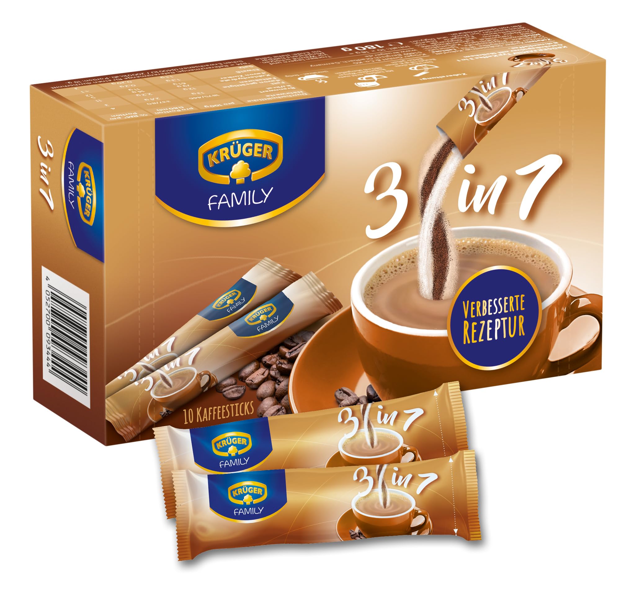 KRÜGER Family 3 in 1, Instant Kaffee Sticks mit löslichem Kaffee, Kaffeeweißer & Zucker, 10 Sticks (18g)