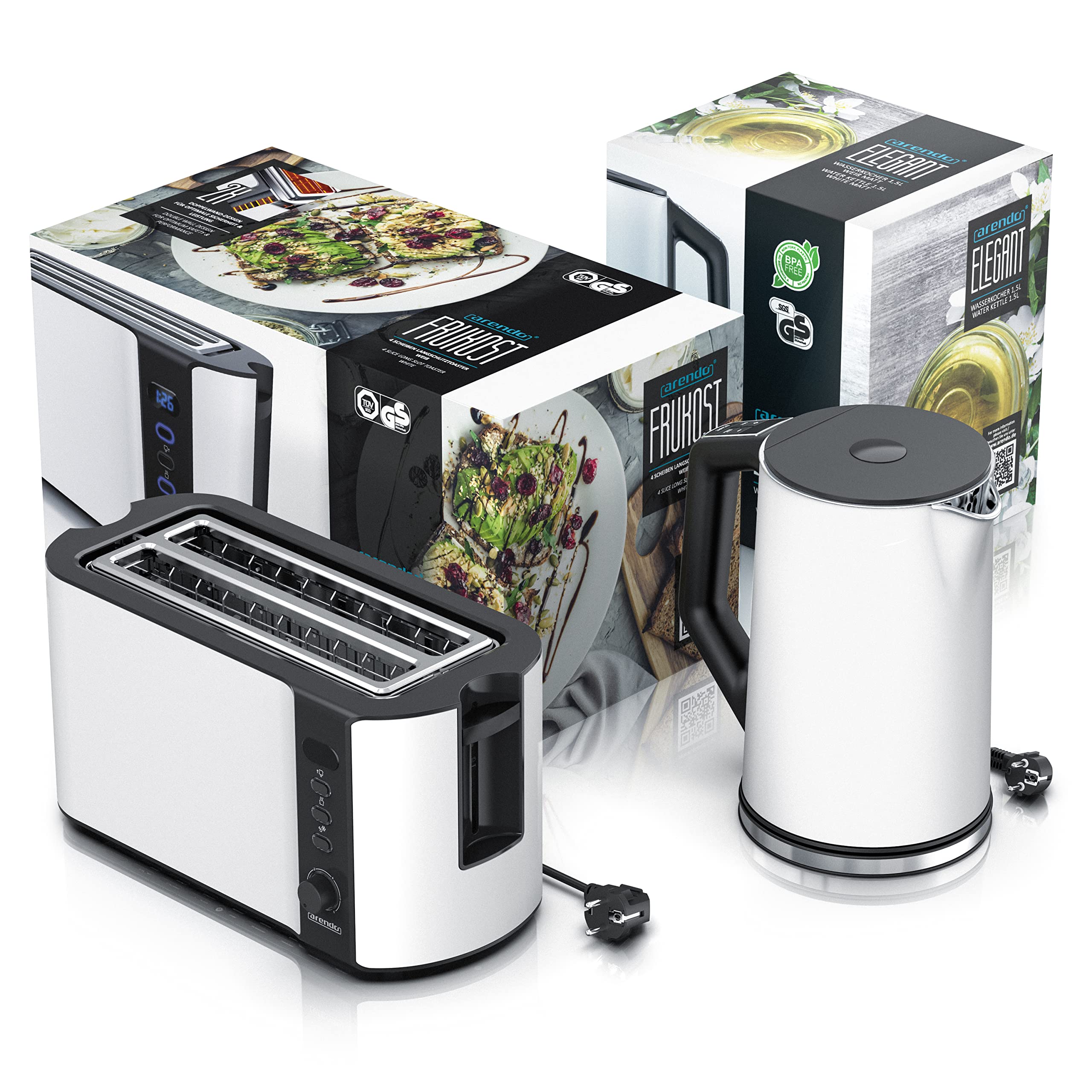 Arendo Wasserkocher mit Toaster SET Edelstahl Weiß matt 1,5L 40-100°C Warmhaltefunktion 4 Scheiben LED-Display 6 Bräunungsgrade