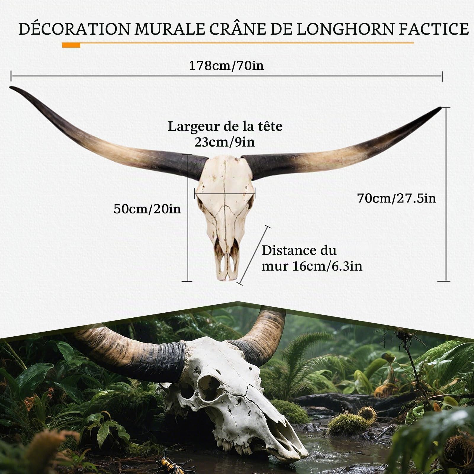 Crâne de Vache 178cm Longhorn Wall Decor, Décoration Murale Tête d'animal Faux Taxidermie Crâne de Vache Animal Fait Main, Tête d'animal Suspendue au Mur, Décoration Murale Tête de Taureau,Marron