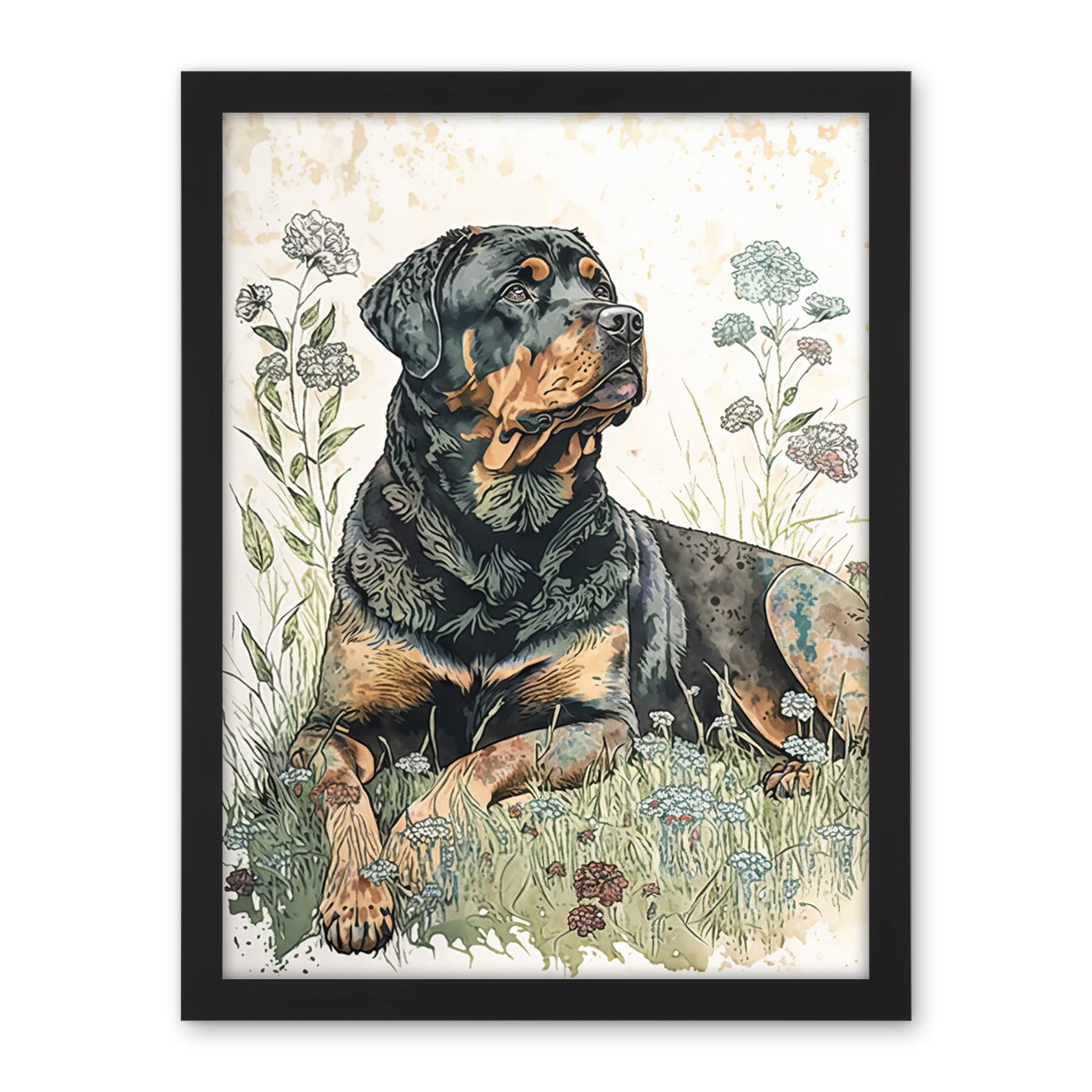 Artery8 Rottweiler Dog Lying in Wildflowers Bright Watercolour Illustration Artwork Framed Wall Art Print 18X24 Inch
