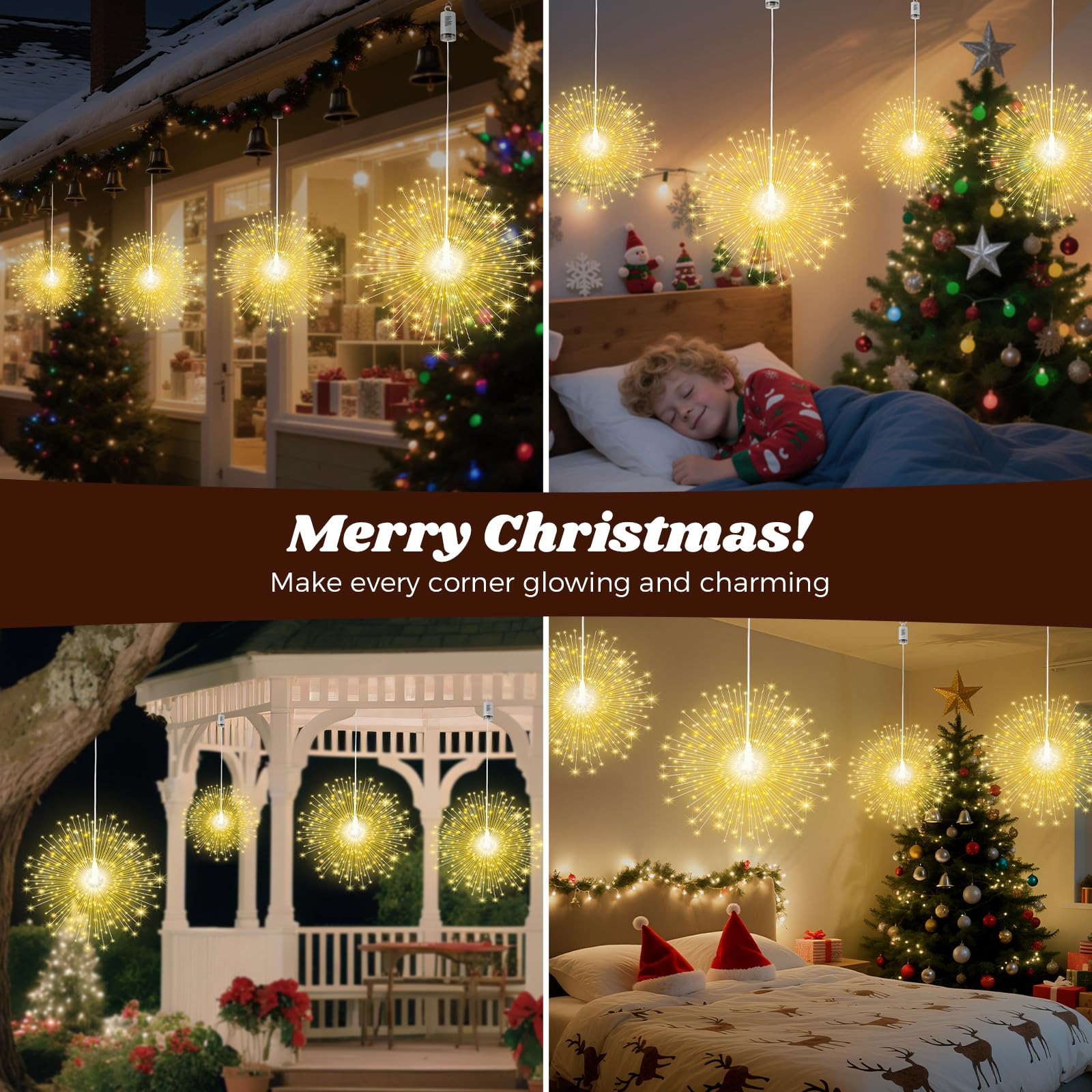 Lewondr Luci Fuochi D'Artificio Natalizi, 4PCS Luce Appendibili Fate Con Telecomando, 200 Luci LED, 8 Modalità, Luce A Stringa Stelle Impermeabili Per Interni Esterni Decorazione, Bianco Caldo