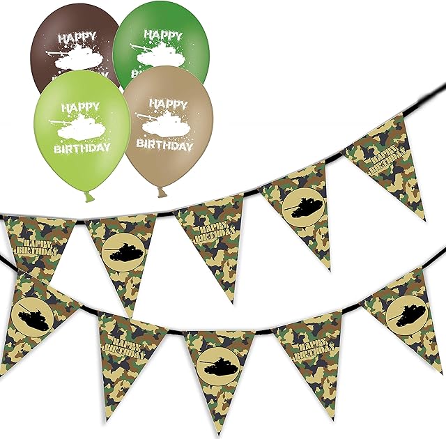 party-decor army green camouflage happy birthday - Bunting Banner 15 flags & 6 Assorted happy birthday tank Balloons Bundle for simply stylish Army Themed party decoration