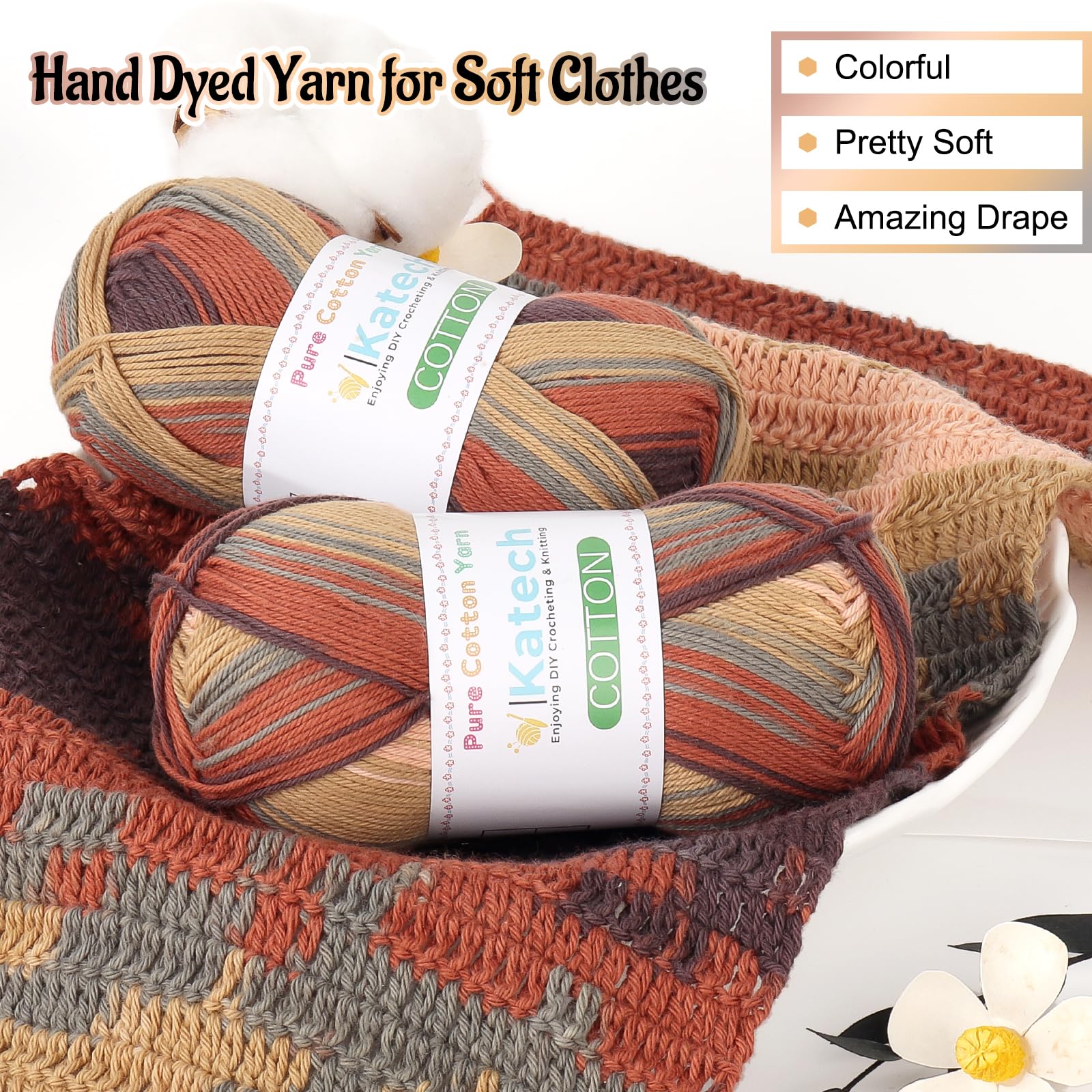 Katech 1OO% Ombre Cotton Yarn for Crocheting - 2 Sport Weight Baby Yarn for Knitting - 6 Pcs of 50g(1.76oz)/160m(175yd), Fine Soft Multicolor Yarns for Baby Blankets, Afghans, Shawls, Dress, Hats (D) — view 5