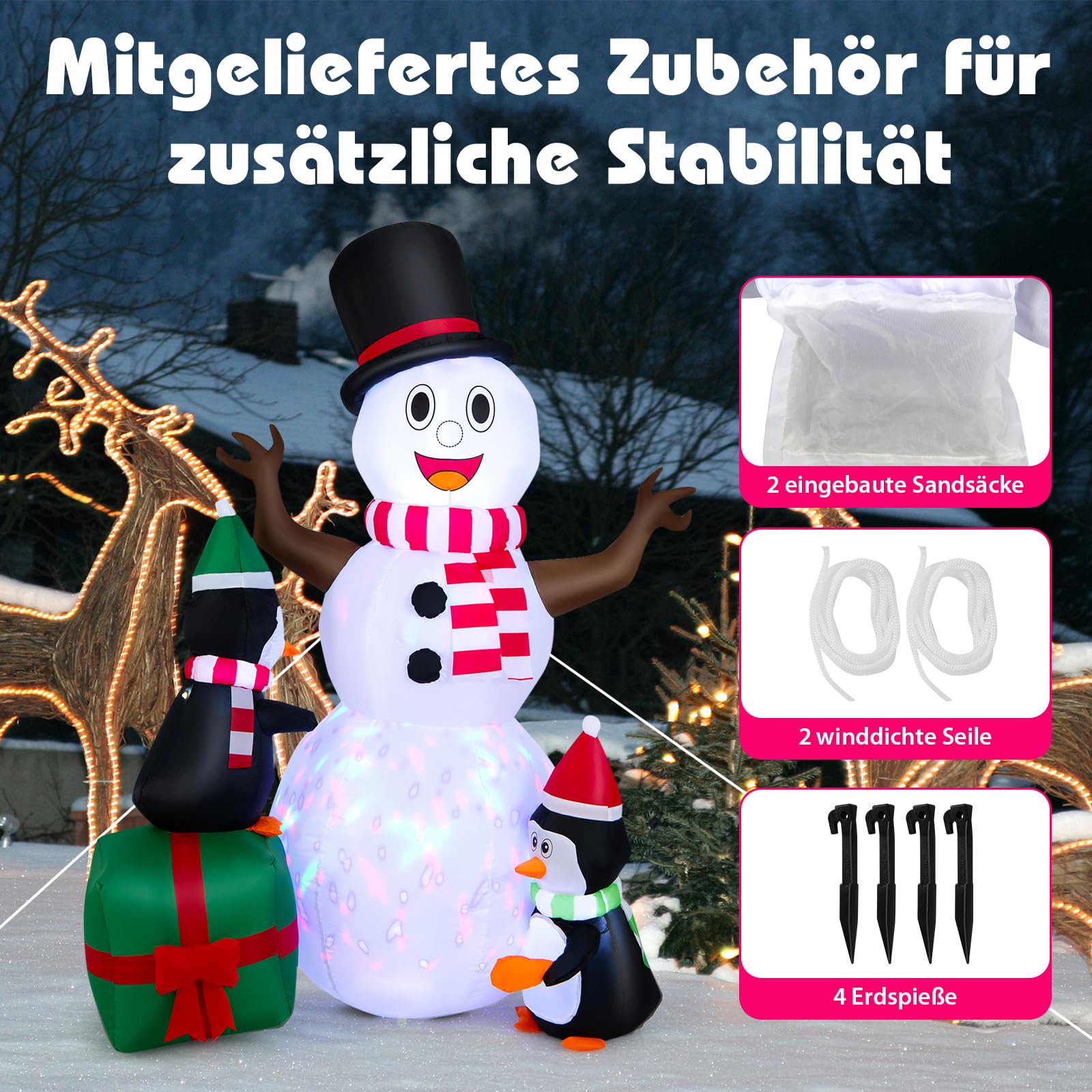 COSTWAY 180CM Aufblasbarer Schneemann mit Pinguinen, Weihnachten Deko draußen XL, Weihnachtsdeko Outdoor mit bunten LED Lichtern, Festdekoration selbstaufblasend