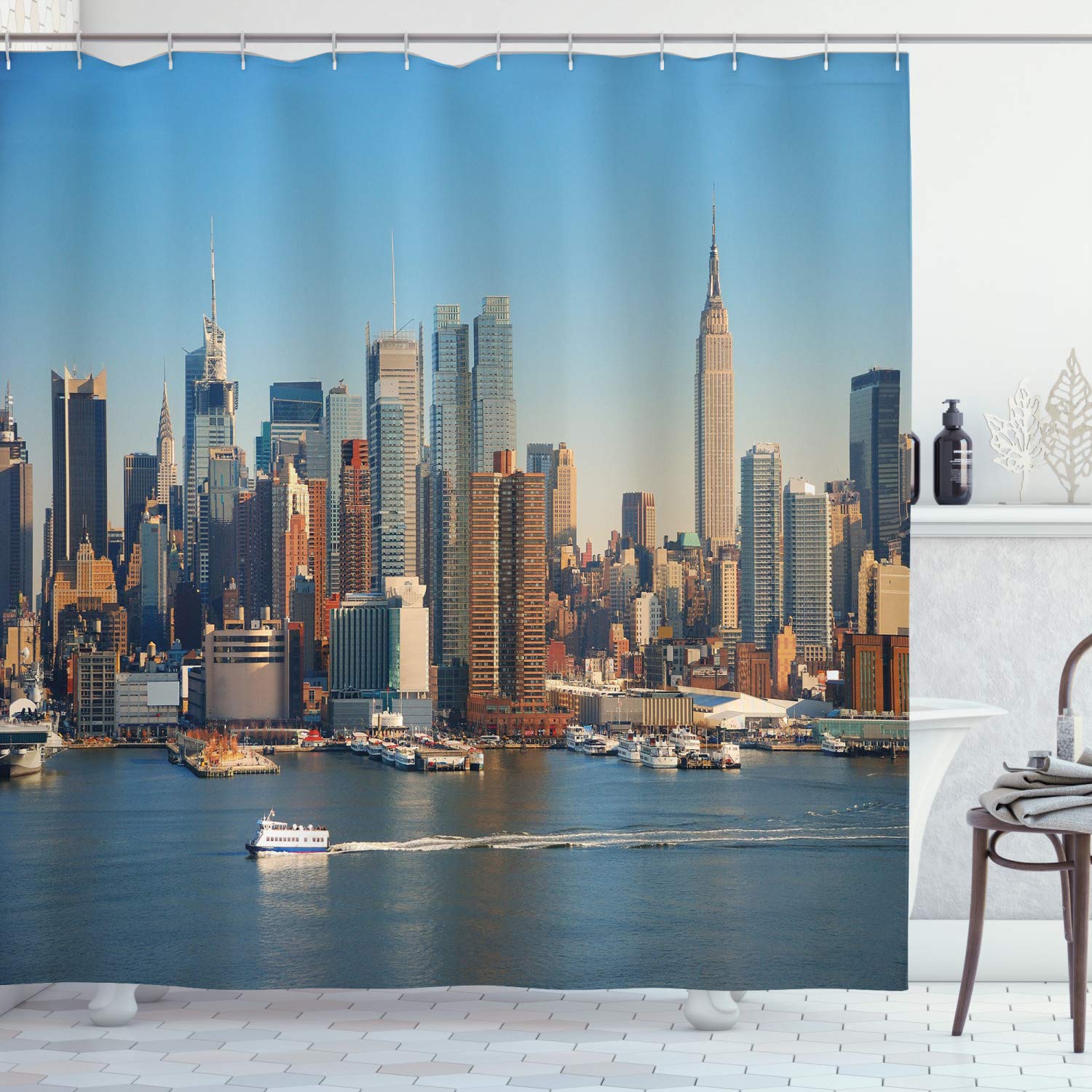 Ambesonne Urban Shower Curtain, New York City Skyline Over River Buildings Boats and Skyscrapers Modern Life Art, Cloth Fabric Bathroom Decor Set with Hooks, 69
