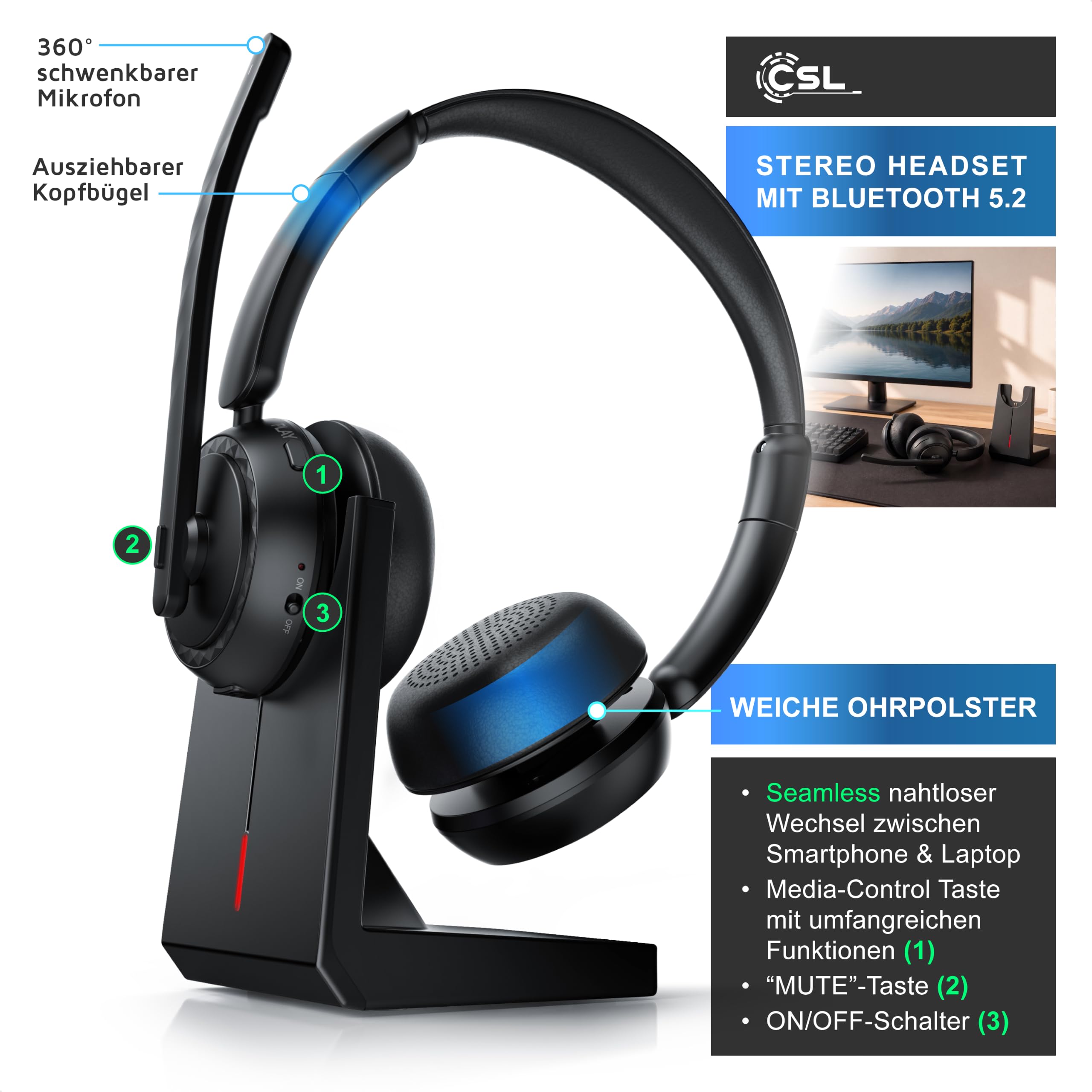 CSL - Bluetooth 5.2 Headset mit Ladestation - Wireless Dongle – 2,4 Ghz – Multifunktionstaste – Dual Connectivity - Multipoint – Stereo Kopfhörer mit Polster - schwarz