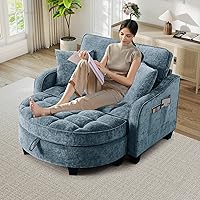 Vista 15 de Silla Chaise Lounge de Interior, Silla de Sofá de Chenilla de Gran Tamaño con Otomana de Almacenamiento y Respaldo Ajustable, Sofá Biplaza Cian