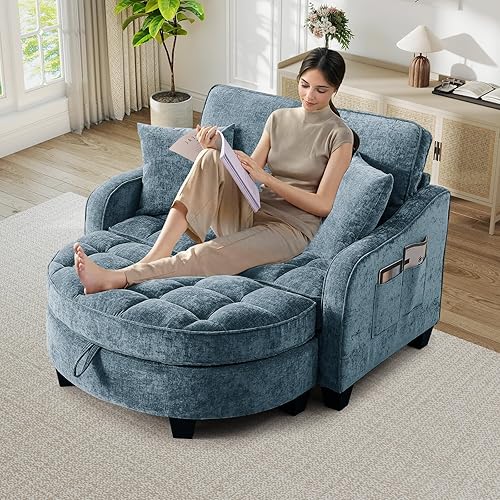 Miniatura 15 de Silla Chaise Lounge de Interior, Silla de Sofá de Chenilla de Gran Tamaño con Otomana de Almacenamiento y Respaldo Ajustable, Sofá Biplaza Cian