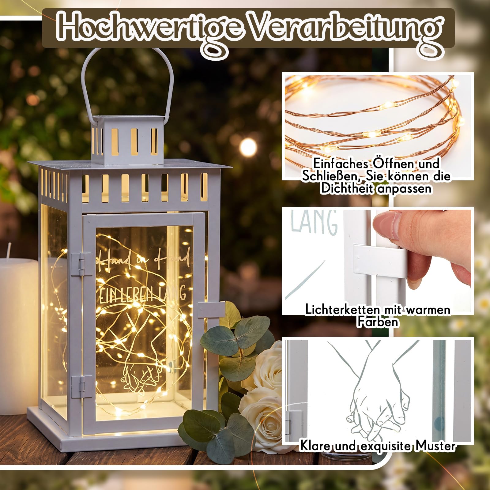 BBTO Hochzeitslaterne Metallgravur Dekorative mit 2 m LED Lichtern Laternen für Den Außenbereich Tischdekoration Jubiläumsgeschenk Hochzeitsgesellschaft(Hand in Hand)