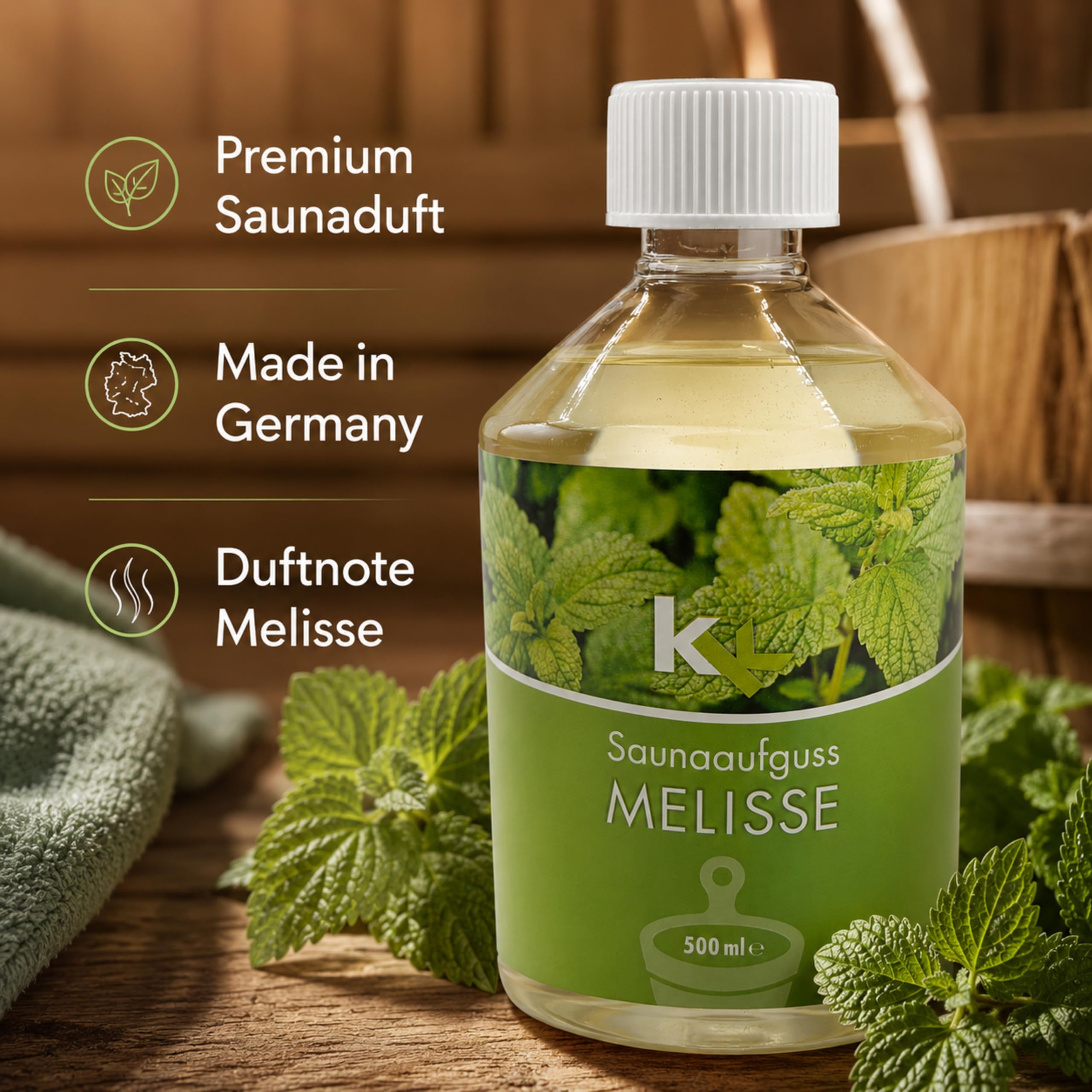 KK Sauna Aufguss Konzentrate PREMIUM | 500 ml Flasche | Made in Germany | Wellness für Zuhause | Melisse