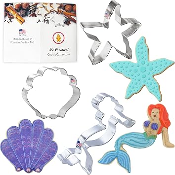 Under The Sea Cookie Cutter 3 Pc Set 3.5 in Seashell, 4 in Starfish, 4.5 in Mermaid Cookie Cutters Hand Made in the USA from Tin Plated Steel