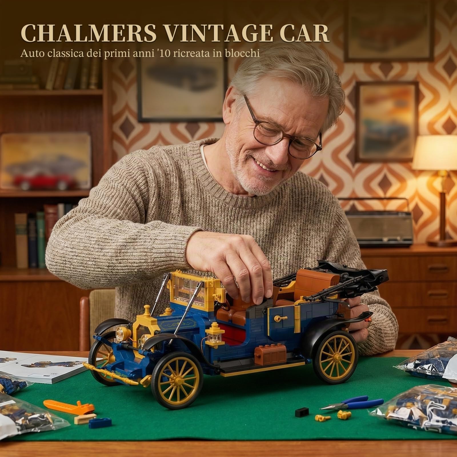 JMBricklayer Kit Modellismo Auto Retrò con Luci per Adulti Auto d'Epoca da Costruire con Mattoncini Tetto Pieghevole Similpelle 50003 Regalo per Appassionati di Veicolo Classiche