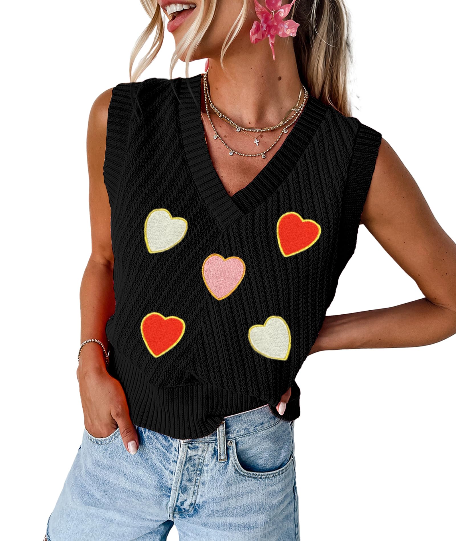 MARZXIN Women Sleeveless Sweater V Neck Casual 2025 Fall Knitted Chevron V Neck Sweater Vest Color Block Pullover