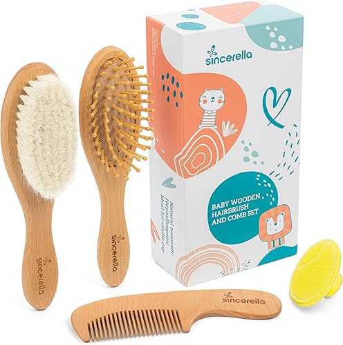 Juego de cepillo y peine para el pelo del bebé para recién nacido y niño pequeño o niña, cepillo de madera para el pelo del bebé con cerdas suaves