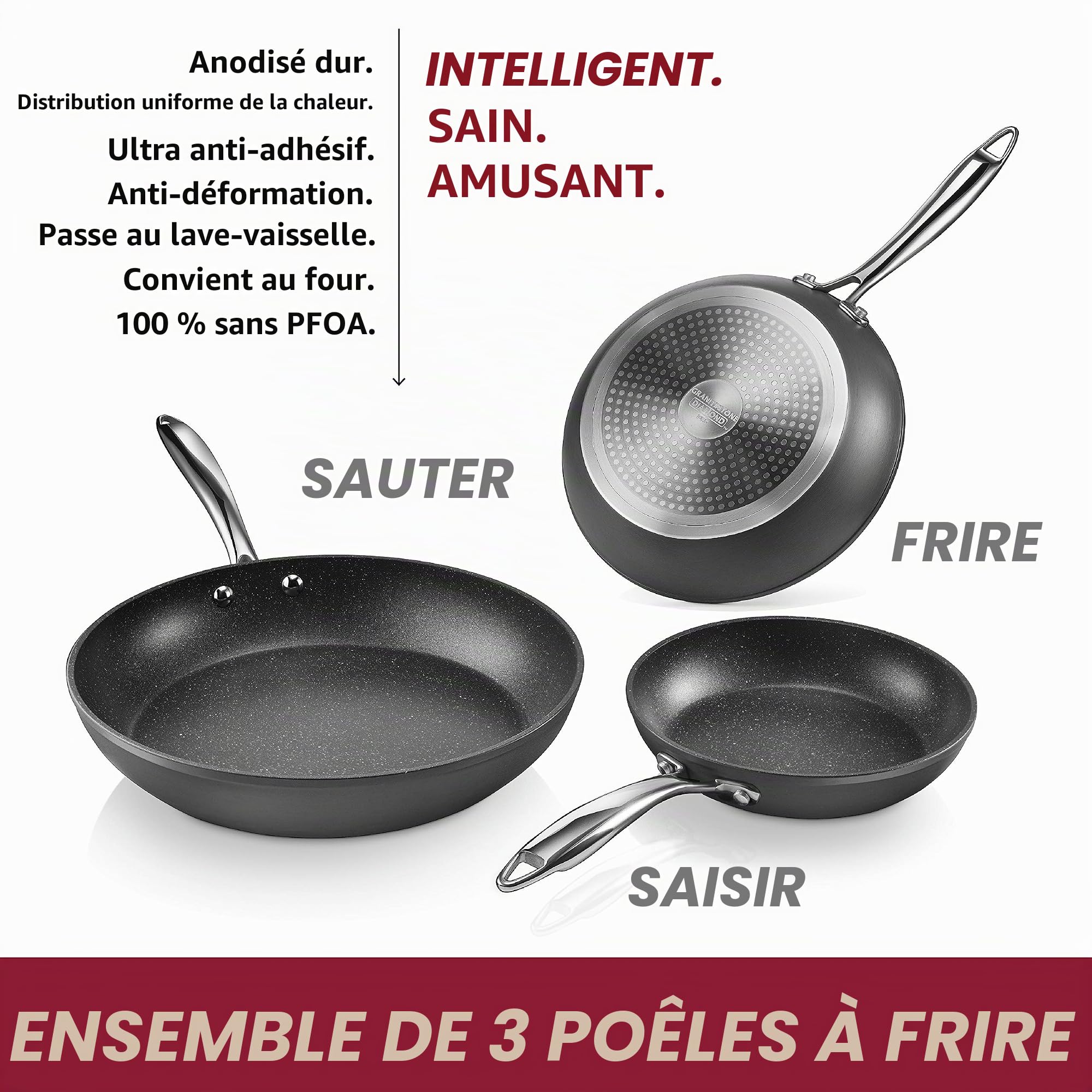 GRANITESTONE Pro anodisé dur | Ustensiles de cuisine de 8 », 10 » et 12 », 100% sans PFOA, allant au four, au lave-vaisselle et aux ustensiles