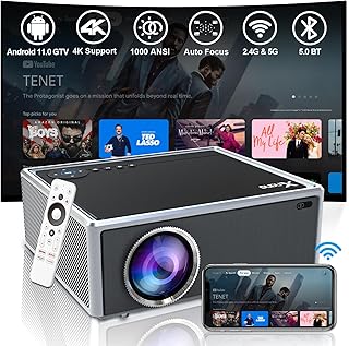 [With Android 11.0 GTV] 5G WiFi Bluetooth Movie Projector 1000 ANSI, Native 1080P 4K Support, Home Theater FHD Projector with Auto Focus, Dual Speaker, Built-in Google Assistant, Chromecast, Many Apps