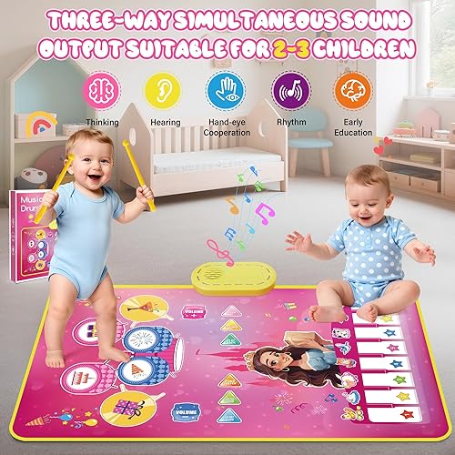 Miniatura 4 de Piano Mat - Juguetes para bebés y niñas, 3 en 1, tambor de piano para niños, tapete de juego musical para niños de 12 a 36 meses, regalos de