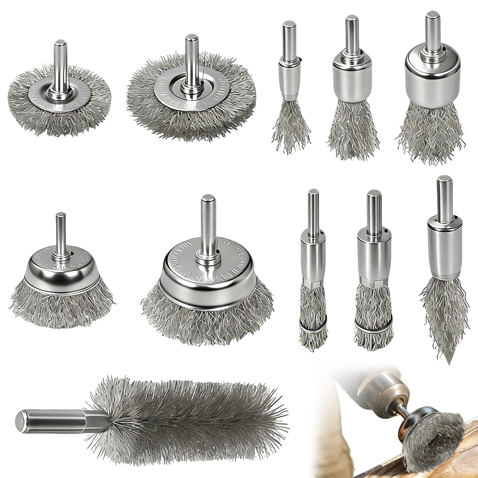 Wire Wheel Cup Brush Set, 11Pcs Drill Brush Set, Wire Brushes for Drill for Removing Paint and Rust with 1/4" Round Shank Rust Paint Prep on Metal/Wood DIY (Sliver)