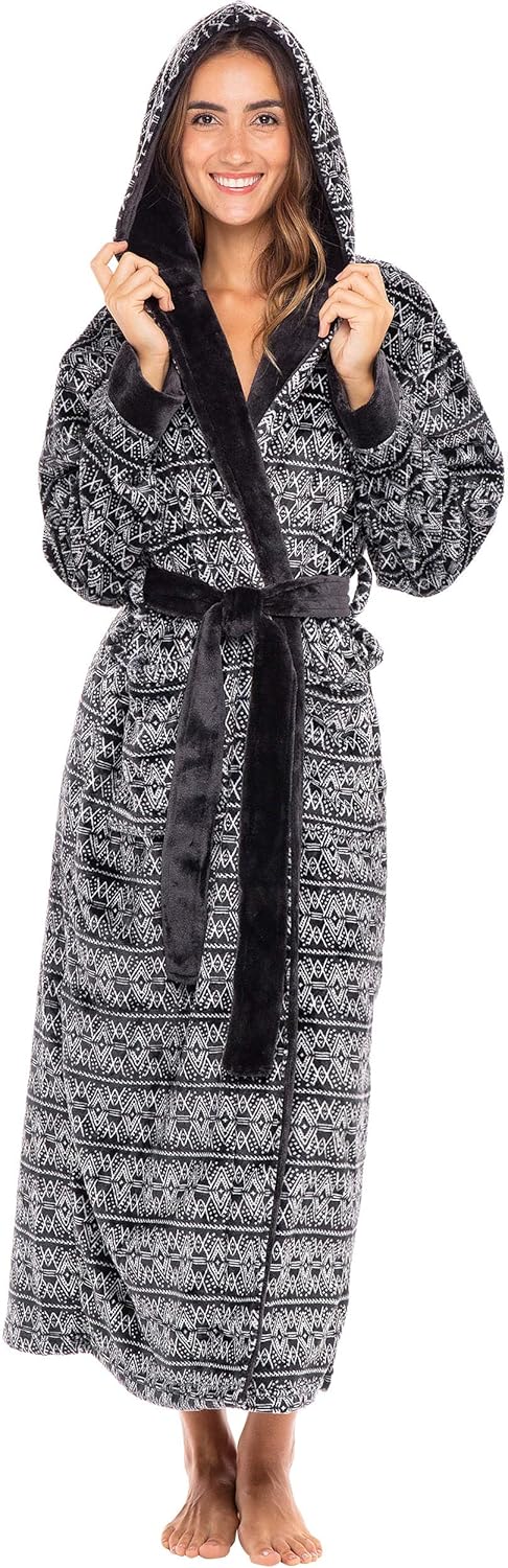 Alexander Del Rossa Plush Fleece Robe for Women, Long Hooded Bathrobe with Hood, Plus Size