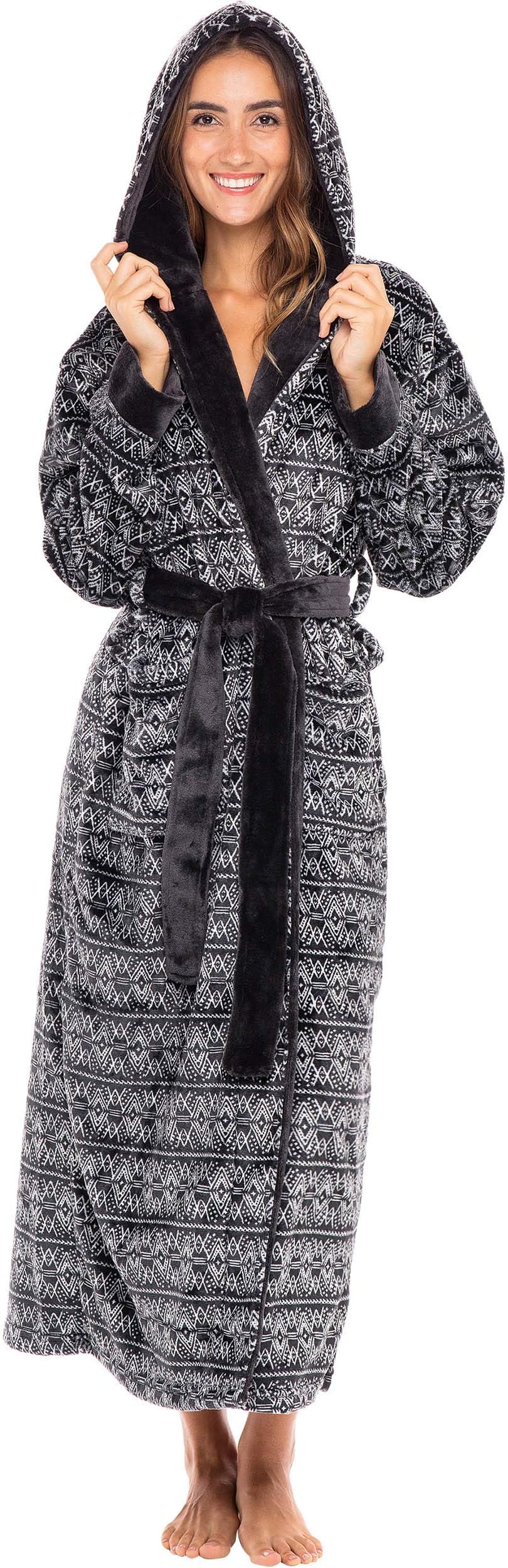 Alexander Del Rossa Plush Fleece Robe for Women, Long Hooded Bathrobe with Hood, Plus Size