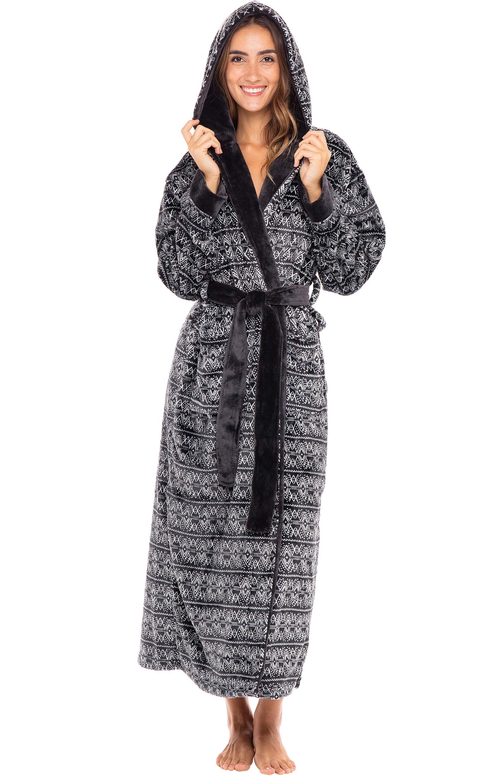 Alexander Del Rossa womens Robe, Long Plush Bathrobe With Hood, Hooded Robes for Women Plus Size Bath Robe Cozy