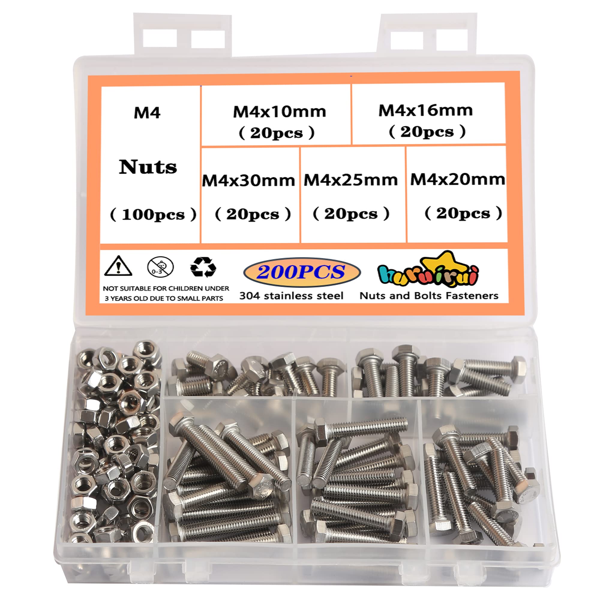 huruiruiM4 Nuts and Bolts-304 Stainless Steel Screws and Nuts Set - Rustproof, Full Assortment of Hex Bolts Set for Durable and Perfect for Indoor and Outdoor Use 200PCS
