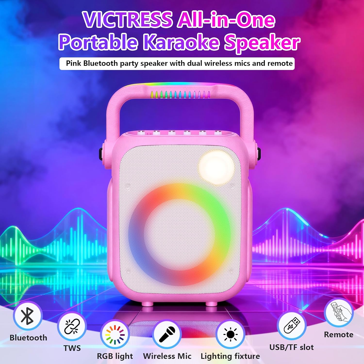 Portable Guitar Amplifier Speaker Professional Street Performer Audio with Loud Sound for 16000sq.ft., Outdoor Karaoke Machine with SOS Emergency Light,9000mAh Battery,Ideal for Party,Camping,Pink