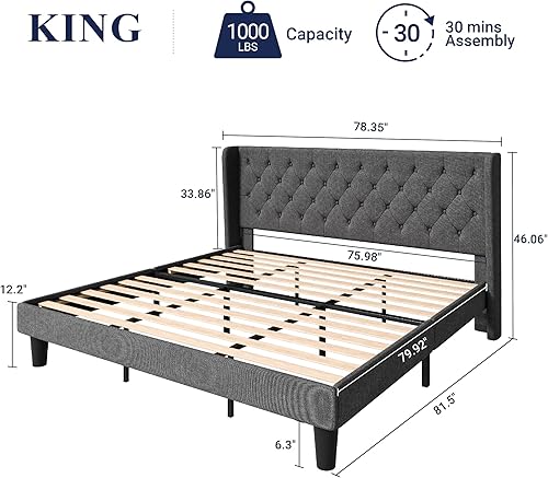 Miniatura 29 de Allewie - Base de cama de tamaño King con cabecera con alas y botones capitoné, tapizada, moderna, soporte de listones de madera maciza, no necesita