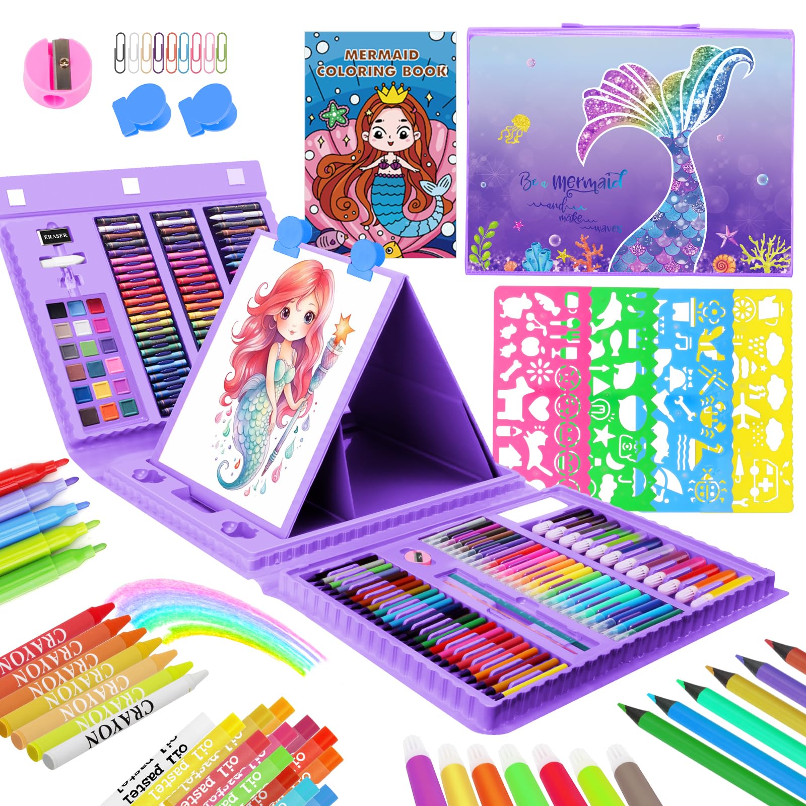 Photo 1 of homicozy Art Supplies for Kids Ages 4-12,Mermaid Drawing Sets Art Case,Coloring Kits with Double Sided Trifold Easel,Crayon,Colored Pencil,Marker,Coloring Book,Drawing Stuffs Gifts for Girls Age 4-6-8