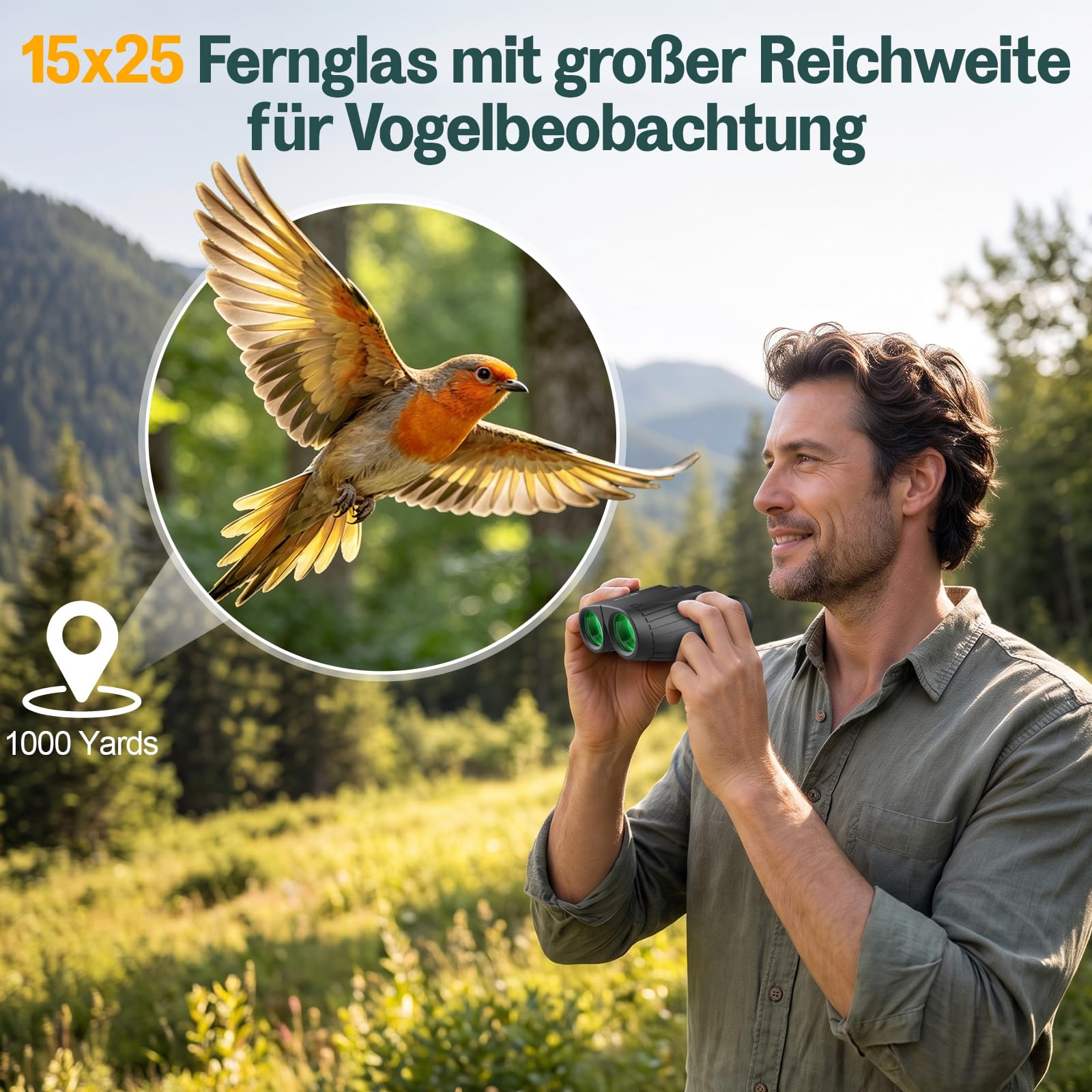 Aurosports Fernglas 15x25 Kompakt Fernglas für Kinder Erwachsene Ferngläser | Klein, Hochauflösend, Einfacher Fokus, Vogelbeobachtung, Reisen Jagd, Konzerte, Camping, Theater, Sportüberwachung, Schwarz