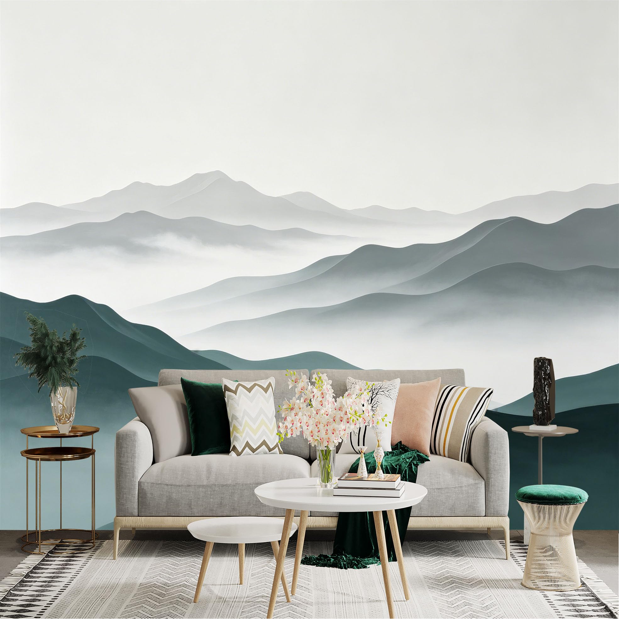 Lnzczhyre Dbh260521787 Custom Size Wall Sticker Mural， Minimalist Foggy Mountain Range， Abstract Ink Landscape， Serene Grey And Teal Hills， For Wall Decoration， Peelandstick Wall Decals.