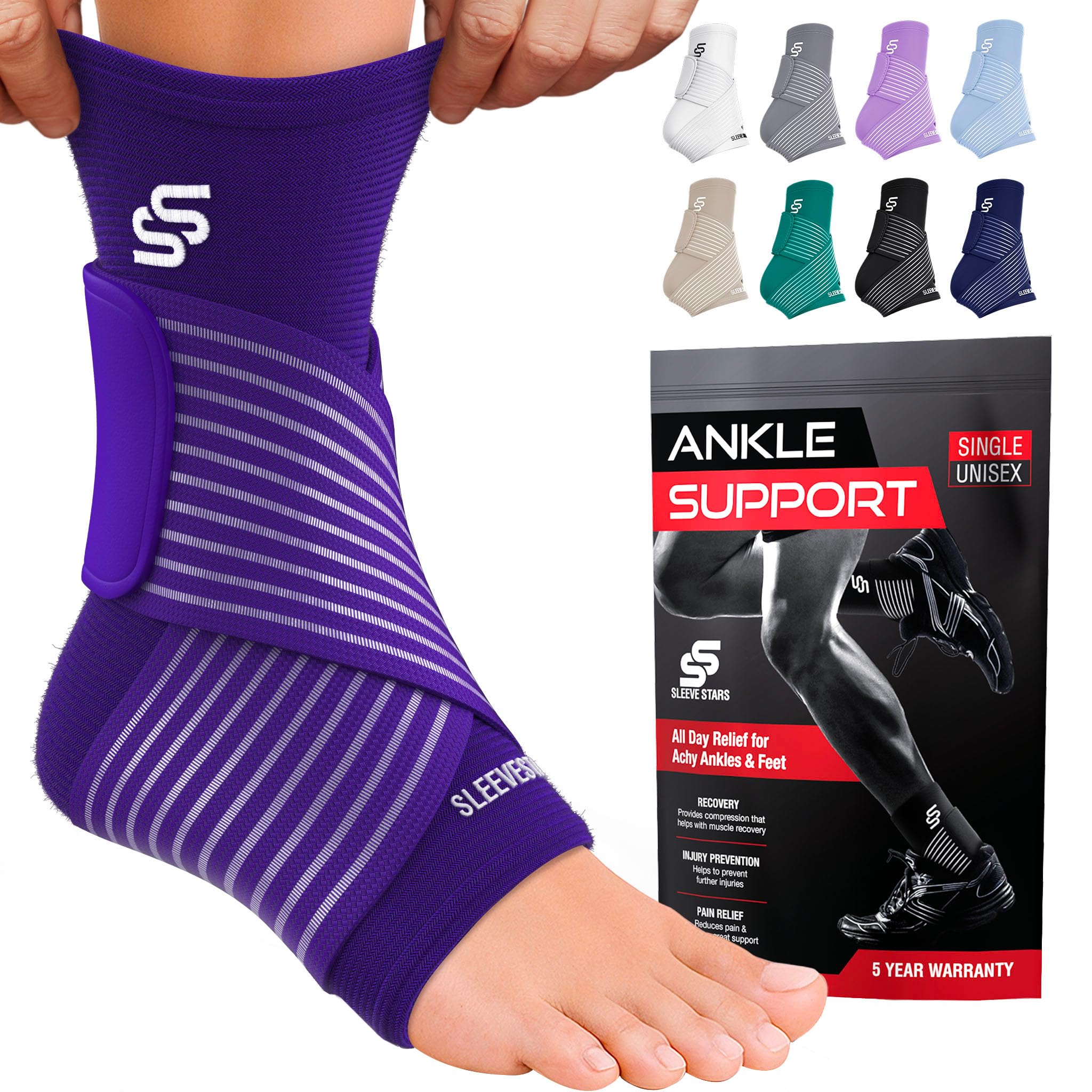 Sleeve Stars Ankle Brace for Women & Men, Ankle Wrap for Sprain, Compression Sleeve for Plantar Fasciitis Relief, Easy Customizable Support: w/