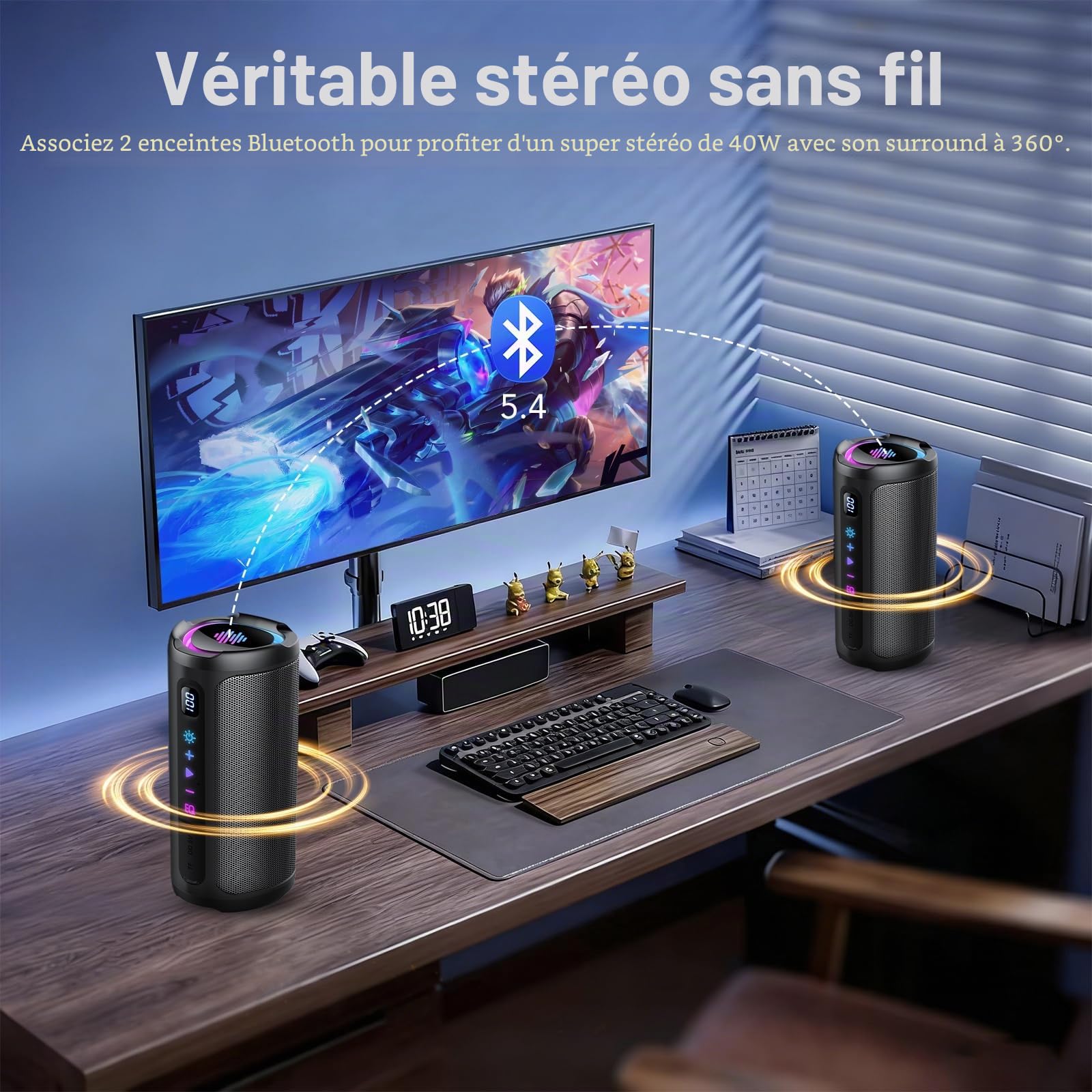 aowoka Enceinte Bluetooth Puissante sans Fil avec Lumière LED, Écran Numérique Haut-Parleur Portable 20W, Basses Améliorées, Autonomie 20H, Bluetooth 5.4, Étanche IPX7, pour Voyage/Sport/Fête