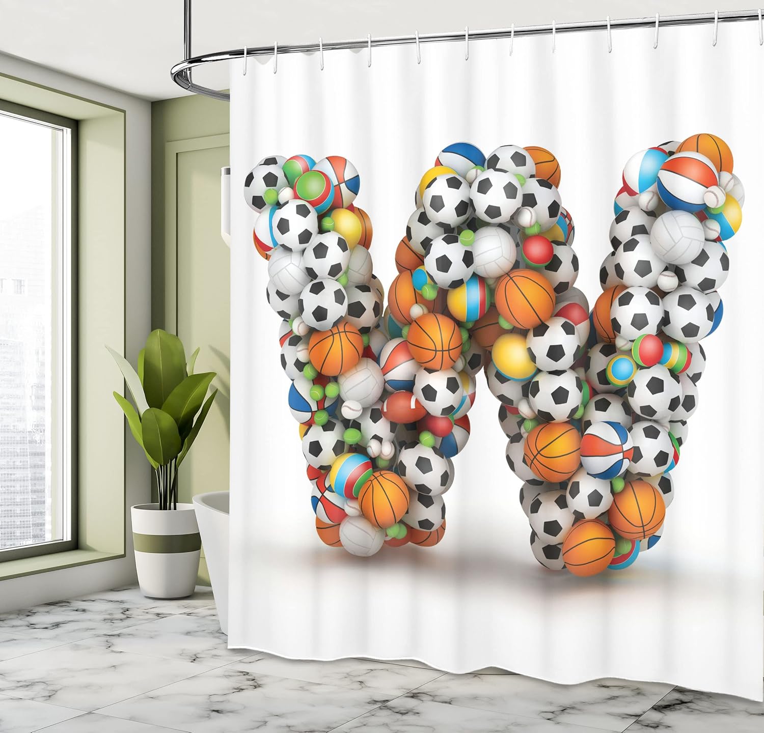 Ambesonne Letter W Shower Curtain, Sports Themed Typography Alphabet with Various Balls Athletics Design, Cloth Fabric Bathroom Decor Set with Hooks, 69" W x 70" L, Orange White
