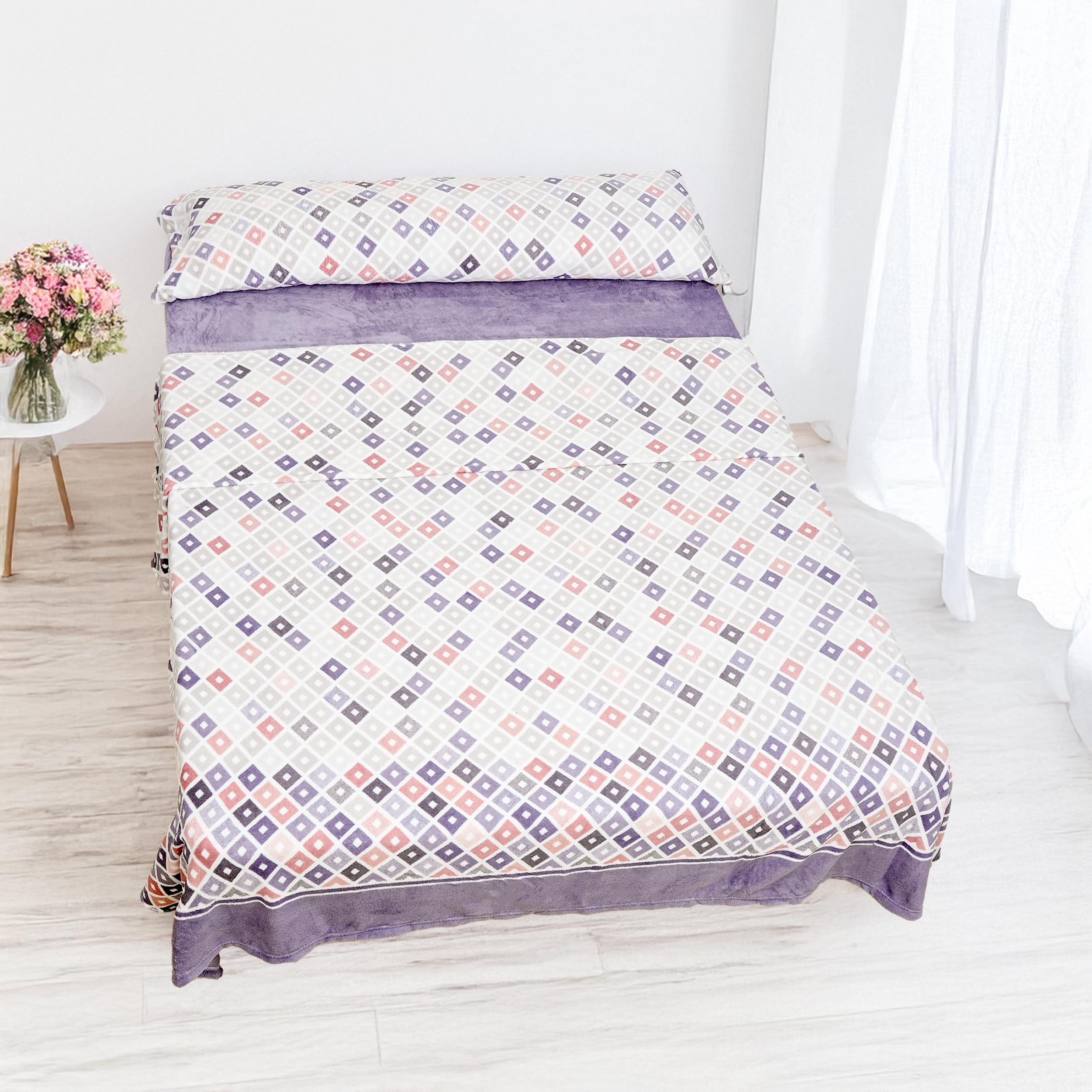H HANSEL HOME Juego de Sábanas de Coralina Térmicas para Invierno - Cama 90, 3 Piezas: Funda de Almohada, Bajera Ajustable y Encimera - Suaves y Calentitas, Diamantes Lila